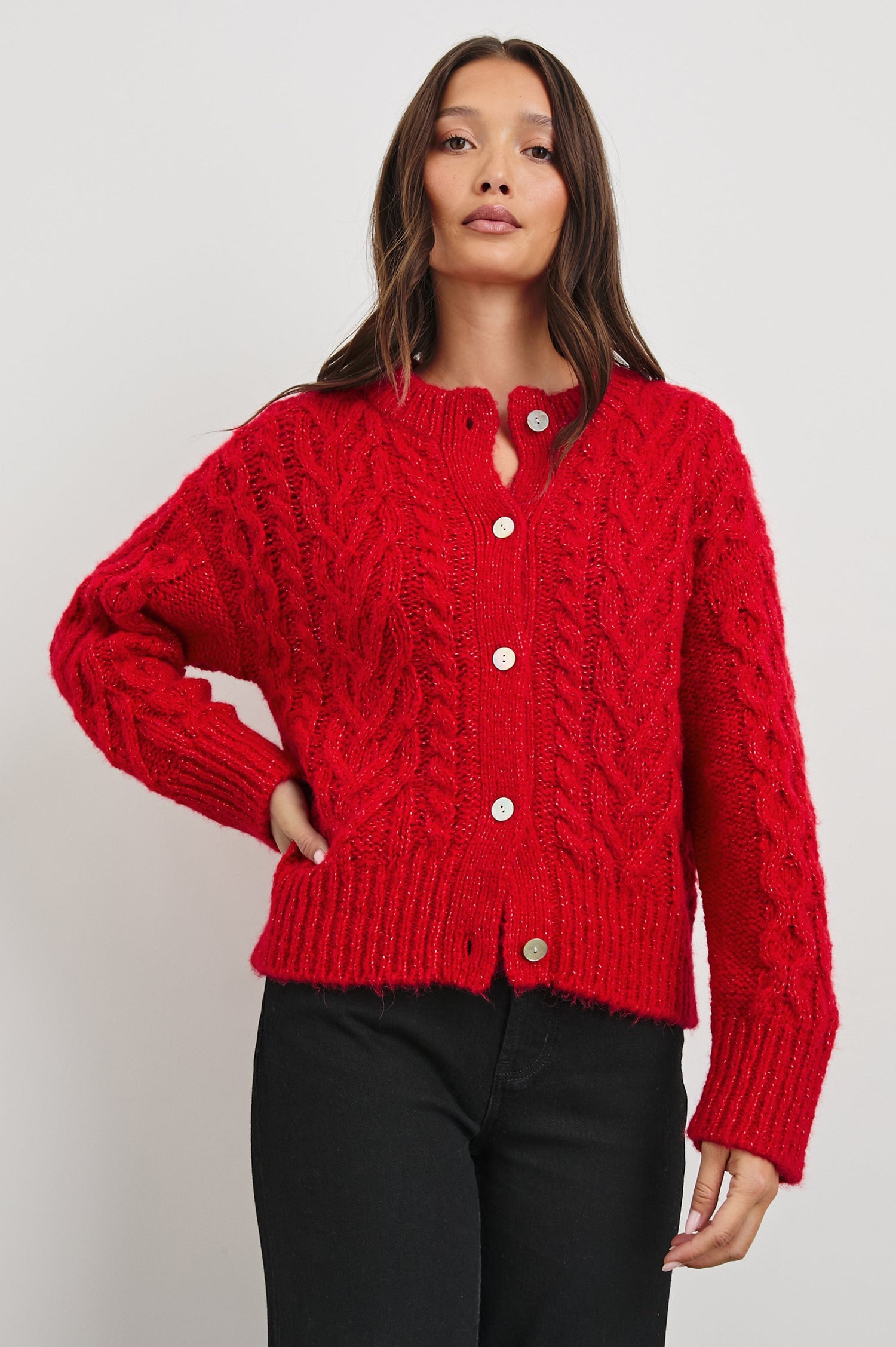 Amelie Long-Sleeve Sweater with Button Closure, Crew Neck, Ribbed Trim and Cabling in Scarlet Colorway - Front View Featured on Model