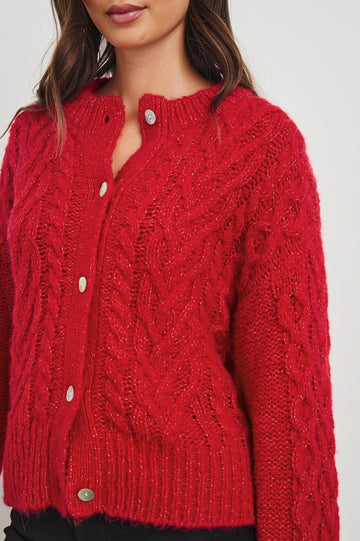 Amelie Long-Sleeve Sweater with Button Closure, Crew Neck, Ribbed Trim and Cabling in Scarlet Colorway - Front View Featured on Model