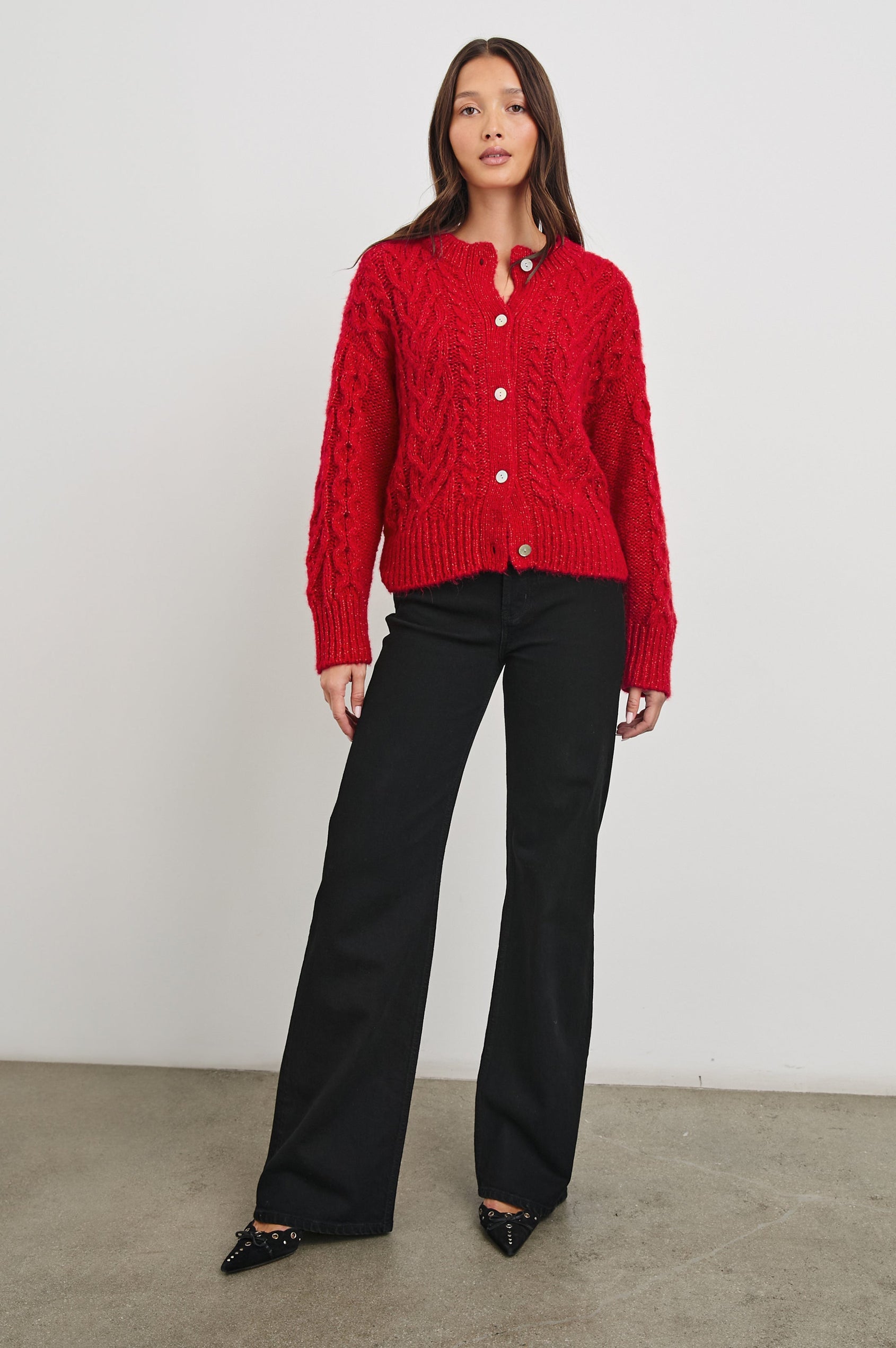 Amelie Long-Sleeve Sweater with Button Closure, Crew Neck, Ribbed Trim and Cabling in Scarlet Colorway - Front Full Body View Featured on Model