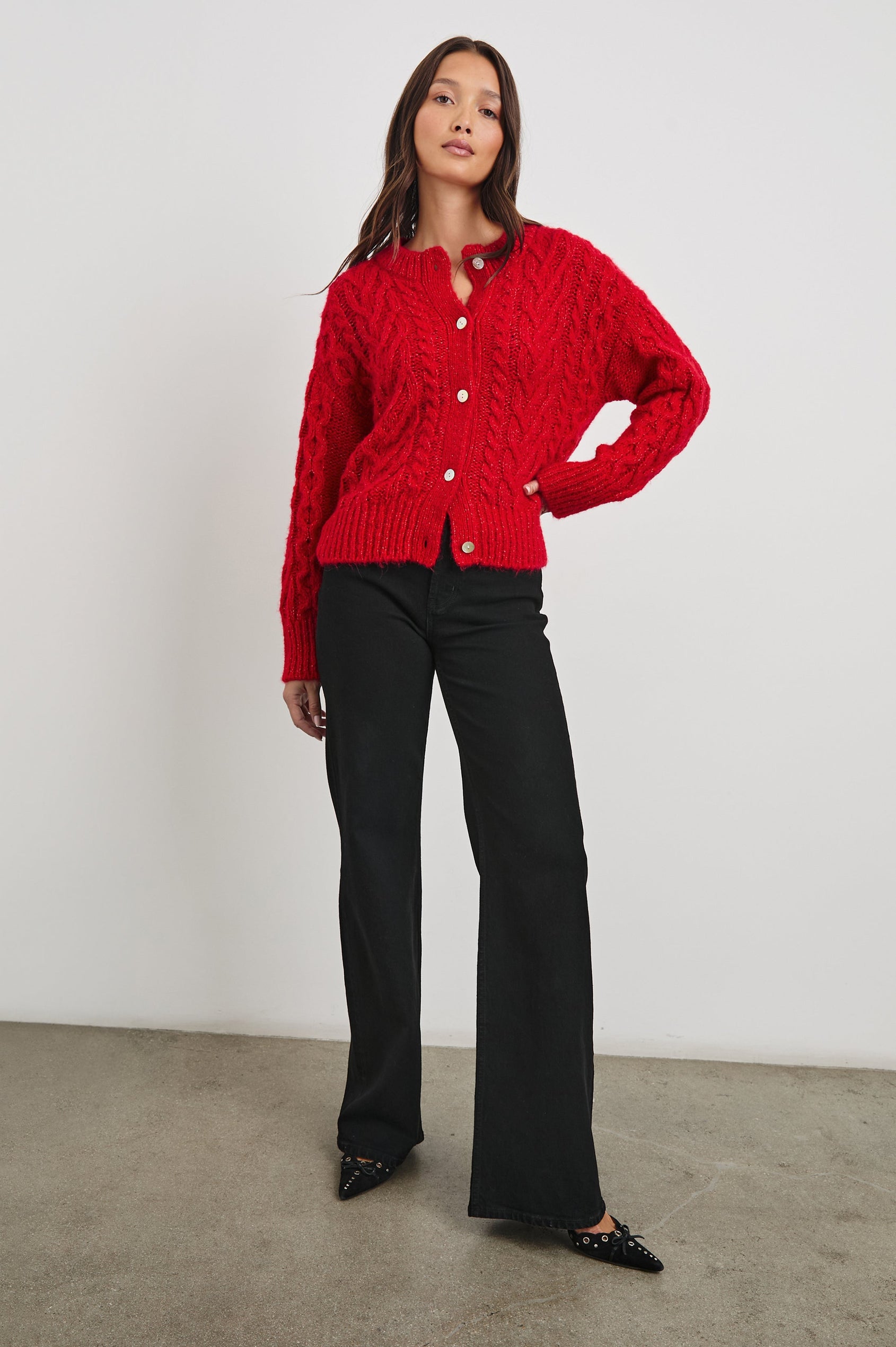Amelie Long-Sleeve Sweater with Button Closure, Crew Neck, Ribbed Trim and Cabling in Scarlet Colorway - Front Full Body View Featured on Model