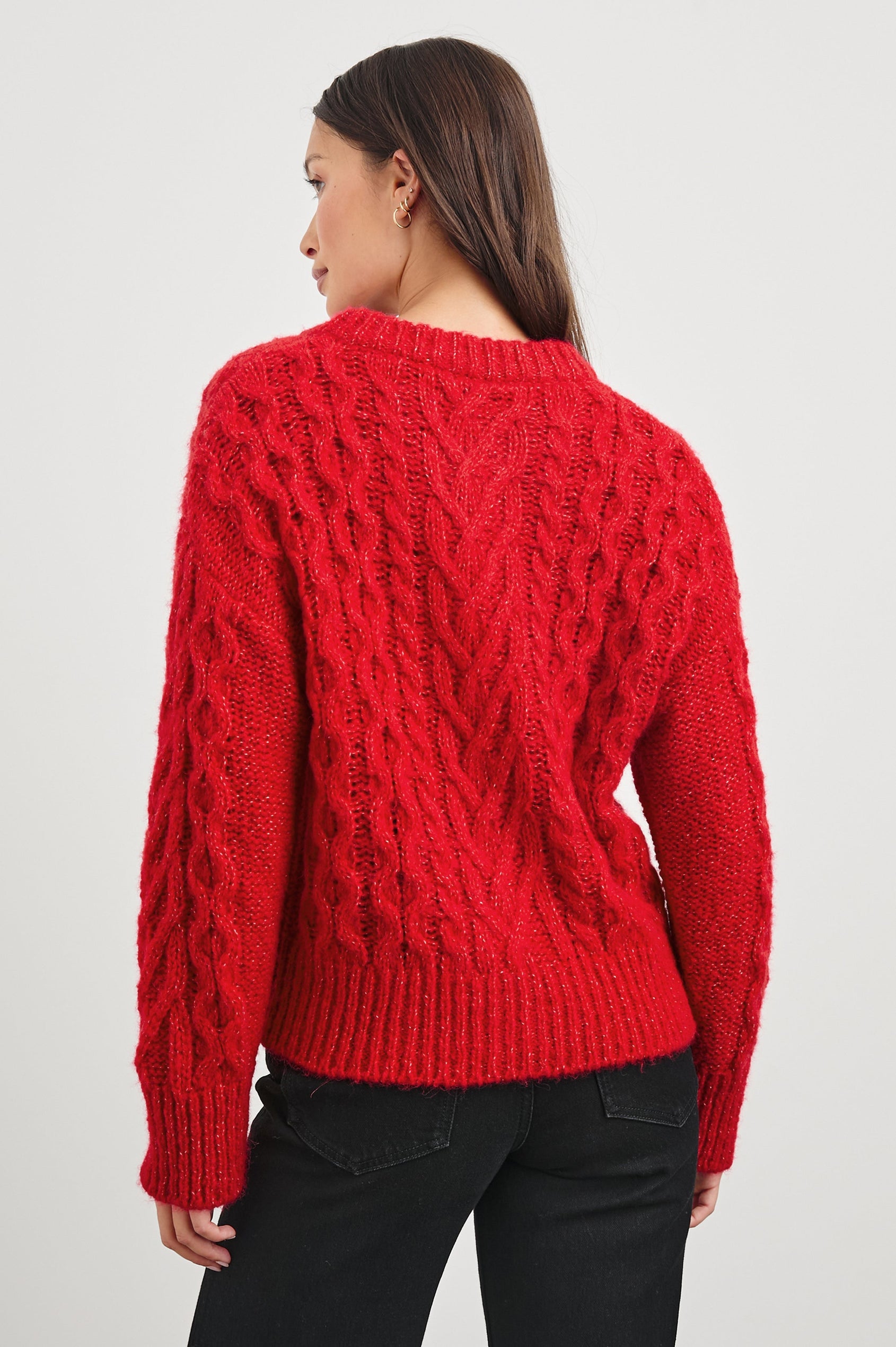 Amelie Long-Sleeve Sweater with Button Closure, Crew Neck, Ribbed Trim and Cabling in Scarlet Colorway - Back View Featured on Model