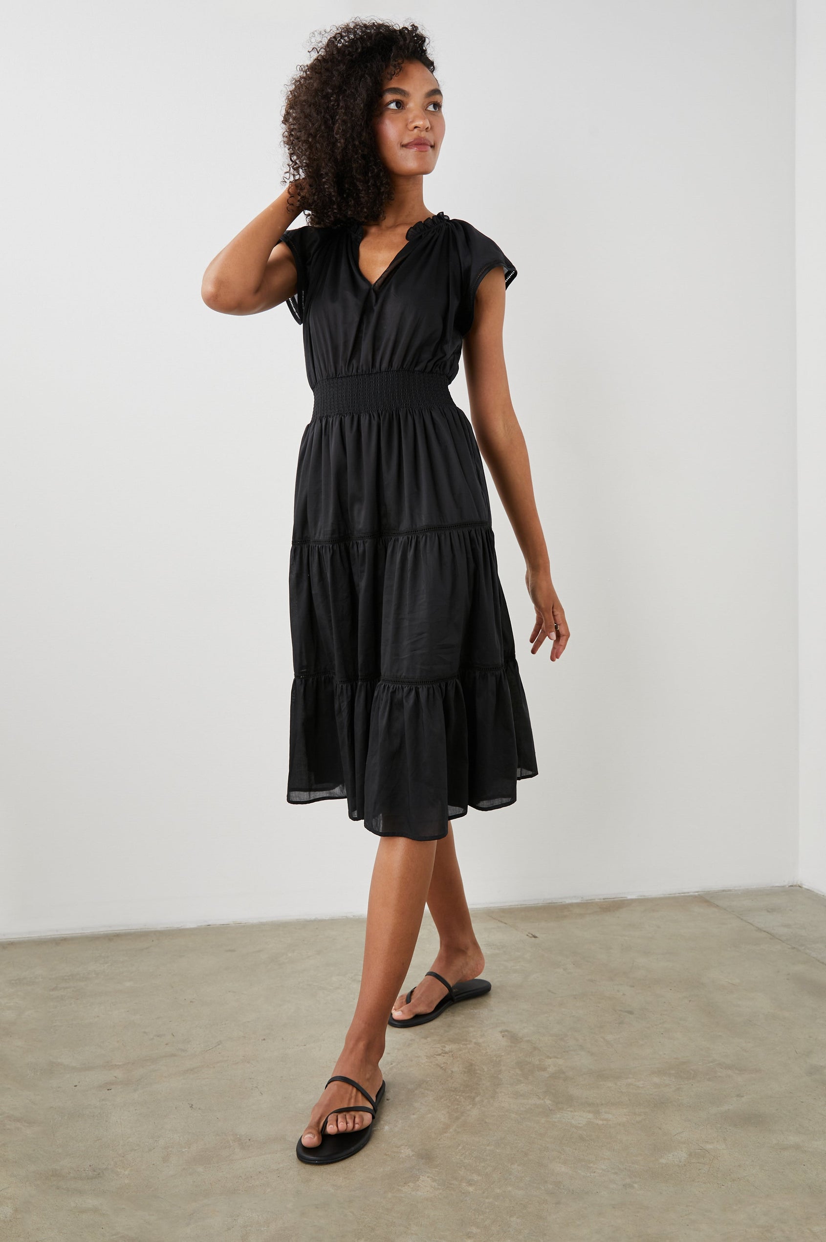 AMELLIA DRESS TRUE BLACK LACE DETAIL - FULL FRONT BODY IN MOTION