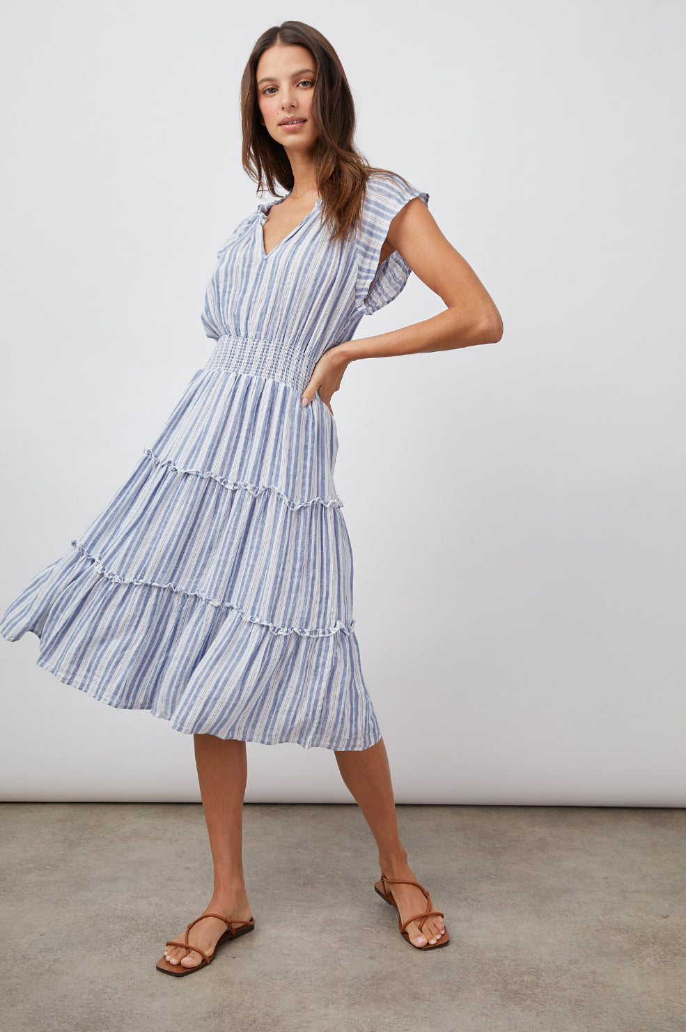AMELLIA NEW HAVEN STRIPE TIERED SHORT SLEEVE DRESS-FULL FRONT BODY IN MOTION