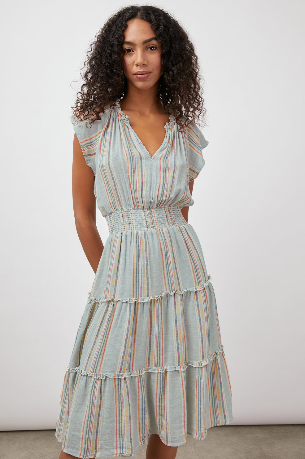 AMELLIA SAG HARBOR STRIPE TIERED SHORT SLEEVE DRESS-FRONT