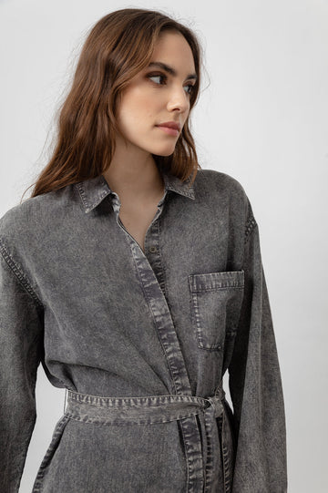 Ames Black Acid Wash Long Sleeve Dress - detail