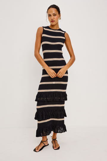 Ana Maxi Dress in Cotton Blend Crochet Knit With Tiered Hem in Black Oat Stripe Colorway - Full Body Front View Featured on Model