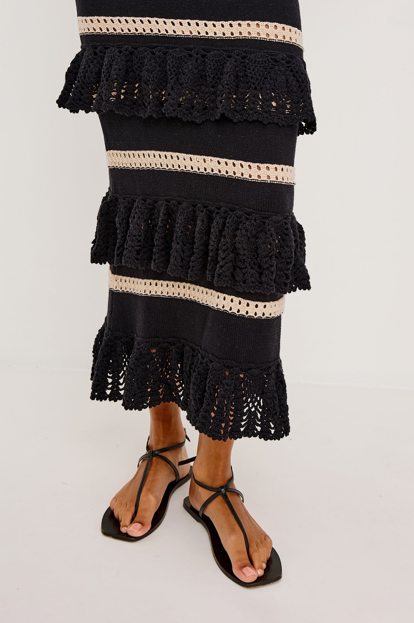 Ana Maxi Dress in Cotton Blend Crochet Knit With Tiered Hem in Black Oat Stripe Colorway - Full Body Front View Featured on Model