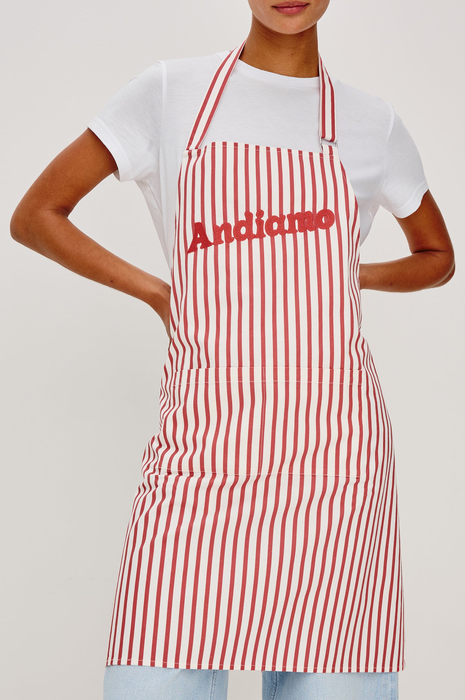 Apron in Cotton With Adjustable Halter Strap and Back Ties in Ravello Stripe Colorway - Upper Body Front View Featured on Model