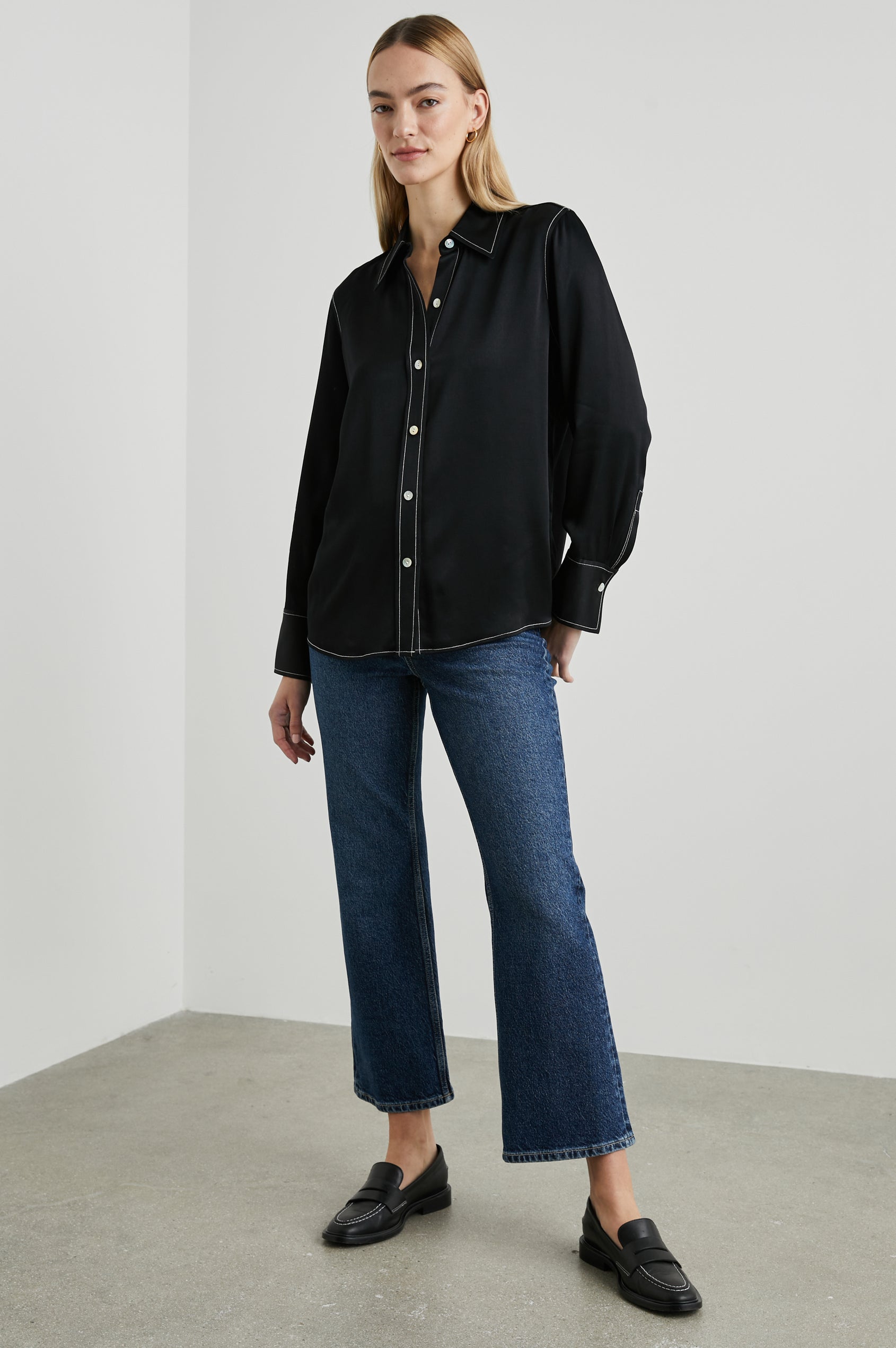 Andrea Long Sleeve Button Up in Black Colorway, with White Stitching at Trim - Front Full Body View Featured on Model 