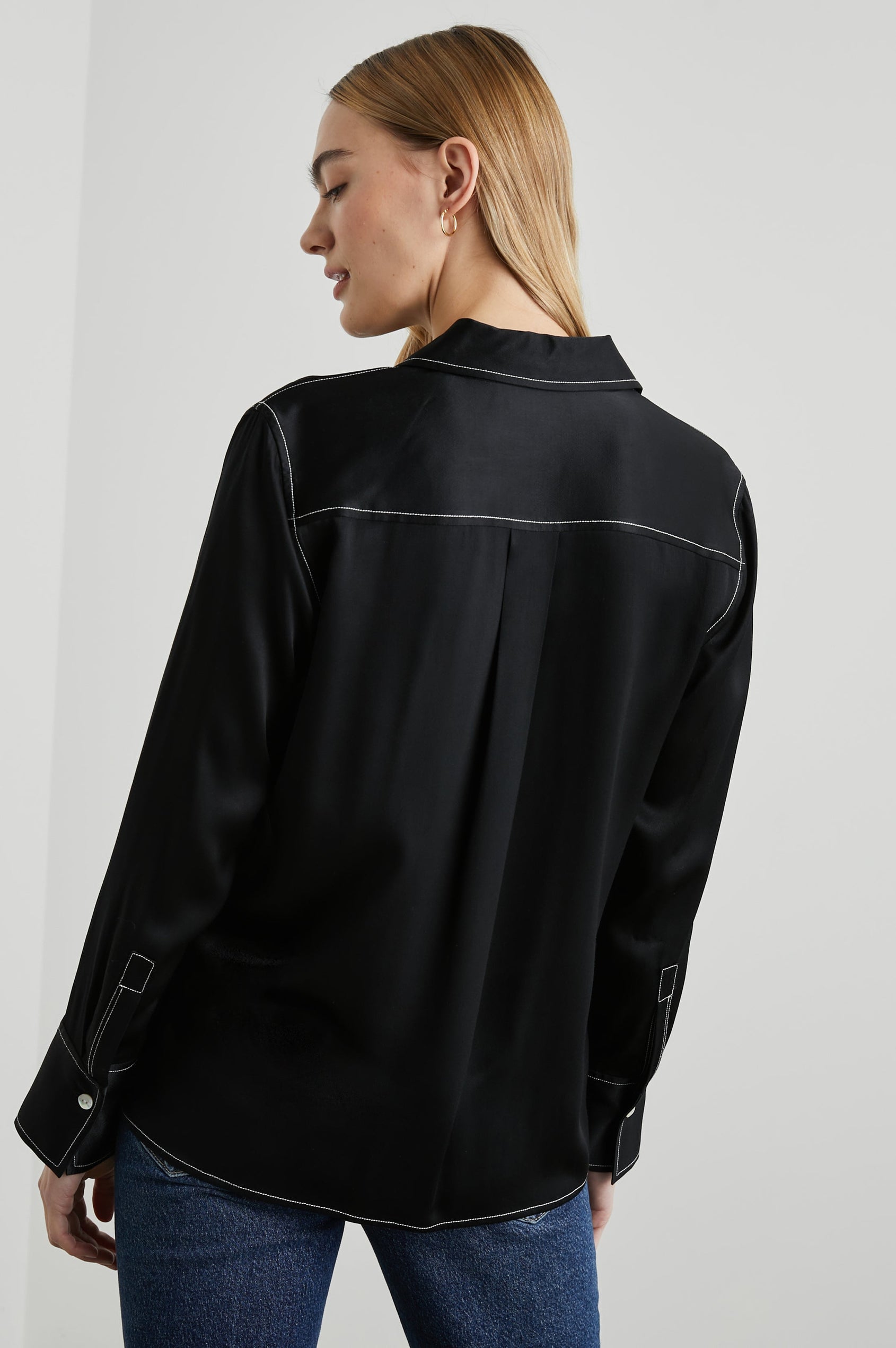 Andrea Long Sleeve Button Up in Black Colorway, with White Stitching at Trim - Back View Featured on Model 