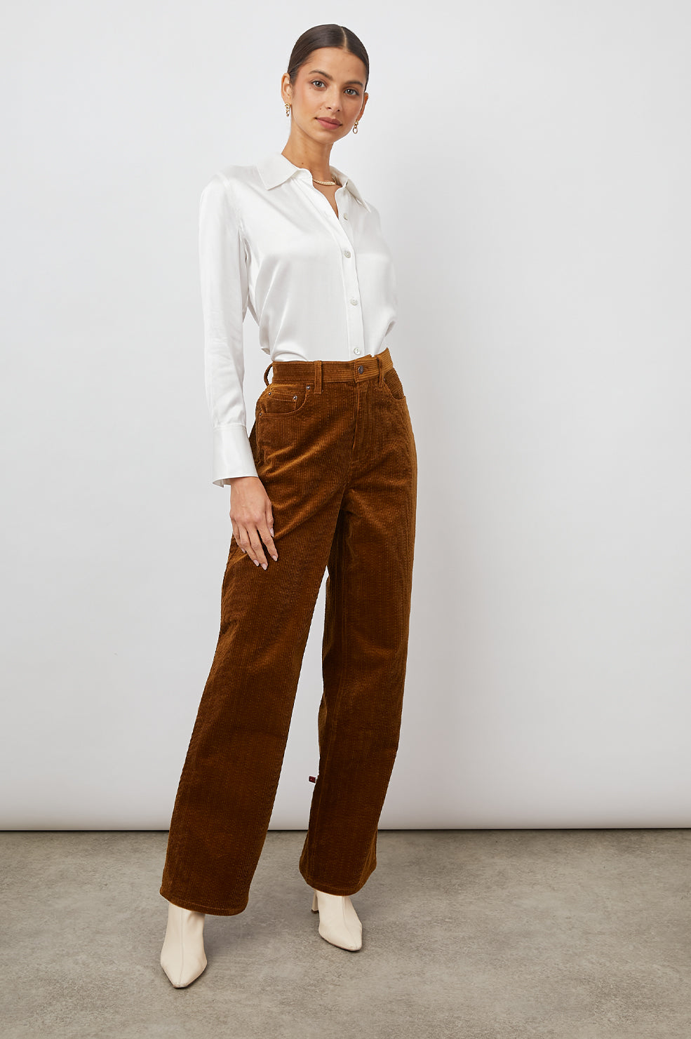 Andrea Long Sleeve Button Up in Ivory Colorway - Front Tucked Full Body View Featured on Model 