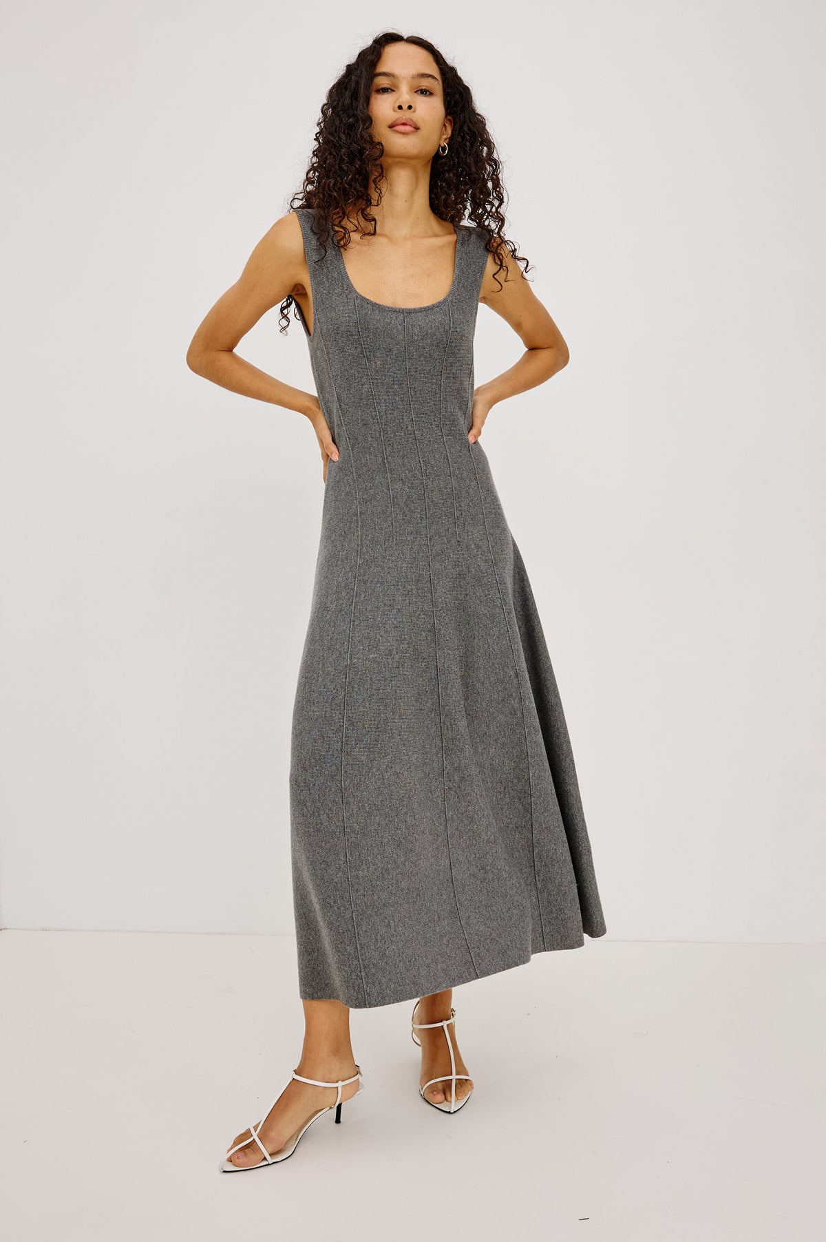 Angelica Maxi Dress in Soft Wool Blend With Fitted Bodice, Scoop Neck, Paneled Seams, and A-Line Sweep Skirt in Heather Grey Colorway - Full Body Front View Featured on Model