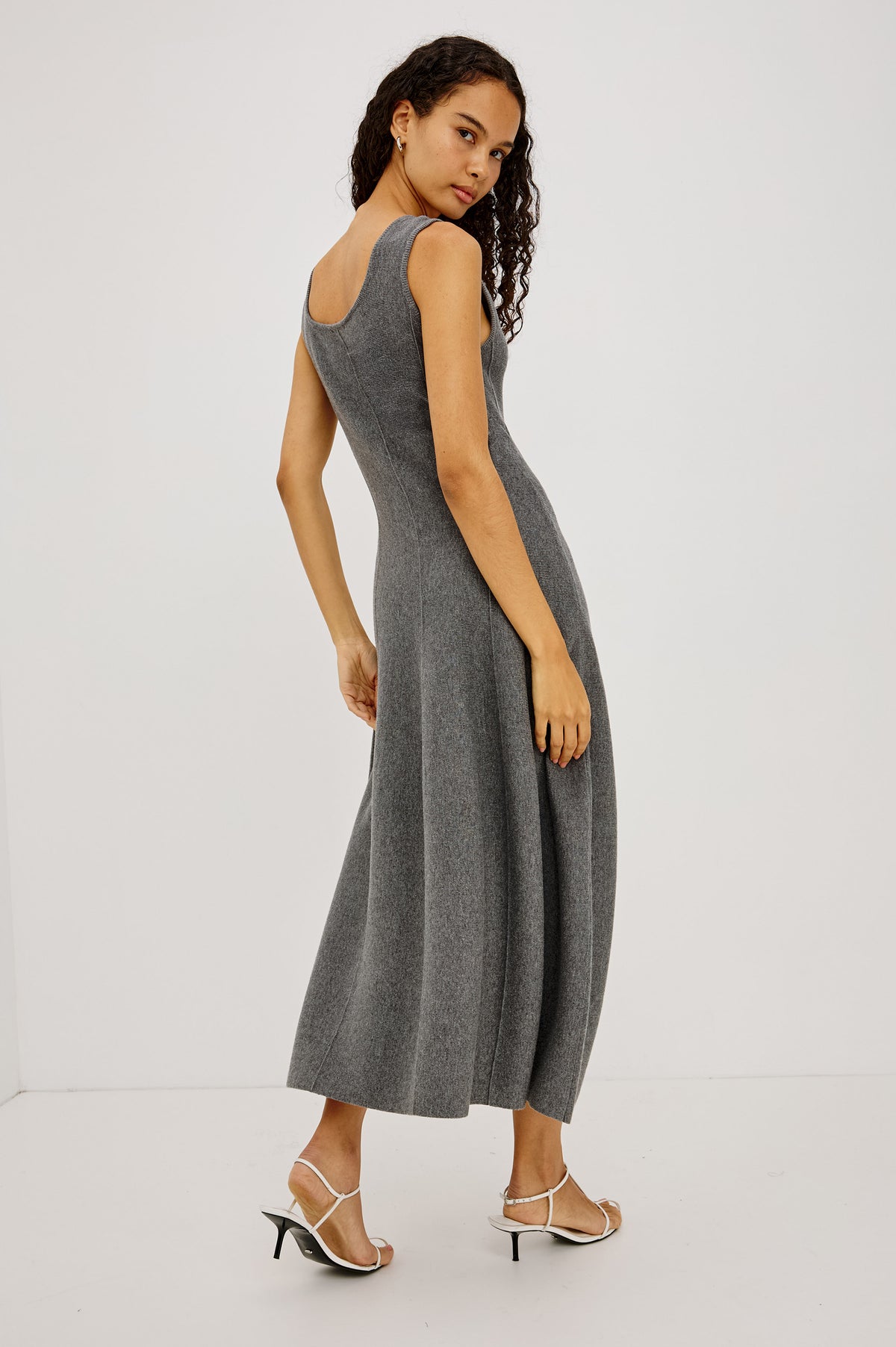 Angelica Maxi Dress in Soft Wool Blend With Fitted Bodice, Scoop Neck, Paneled Seams, and A-Line Sweep Skirt in Heather Grey Colorway - Full Body Front View Featured on Model