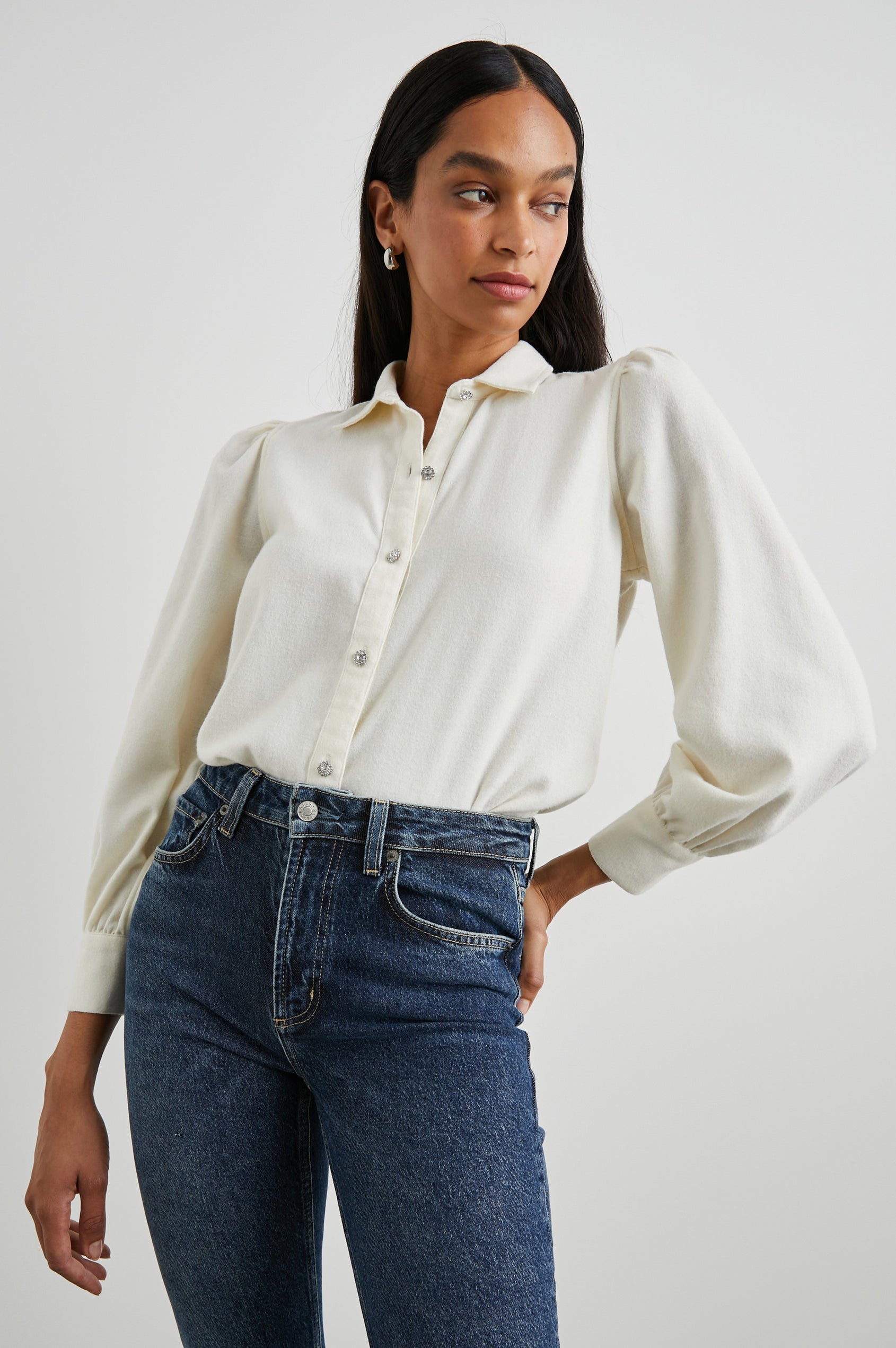 Angelica Long-Sleeve Button Up with Shirring at Cuffs, Puff Sleeves and Crystal Flower Buttons in Winter White Colorway - Front Tucked View Featured on Model