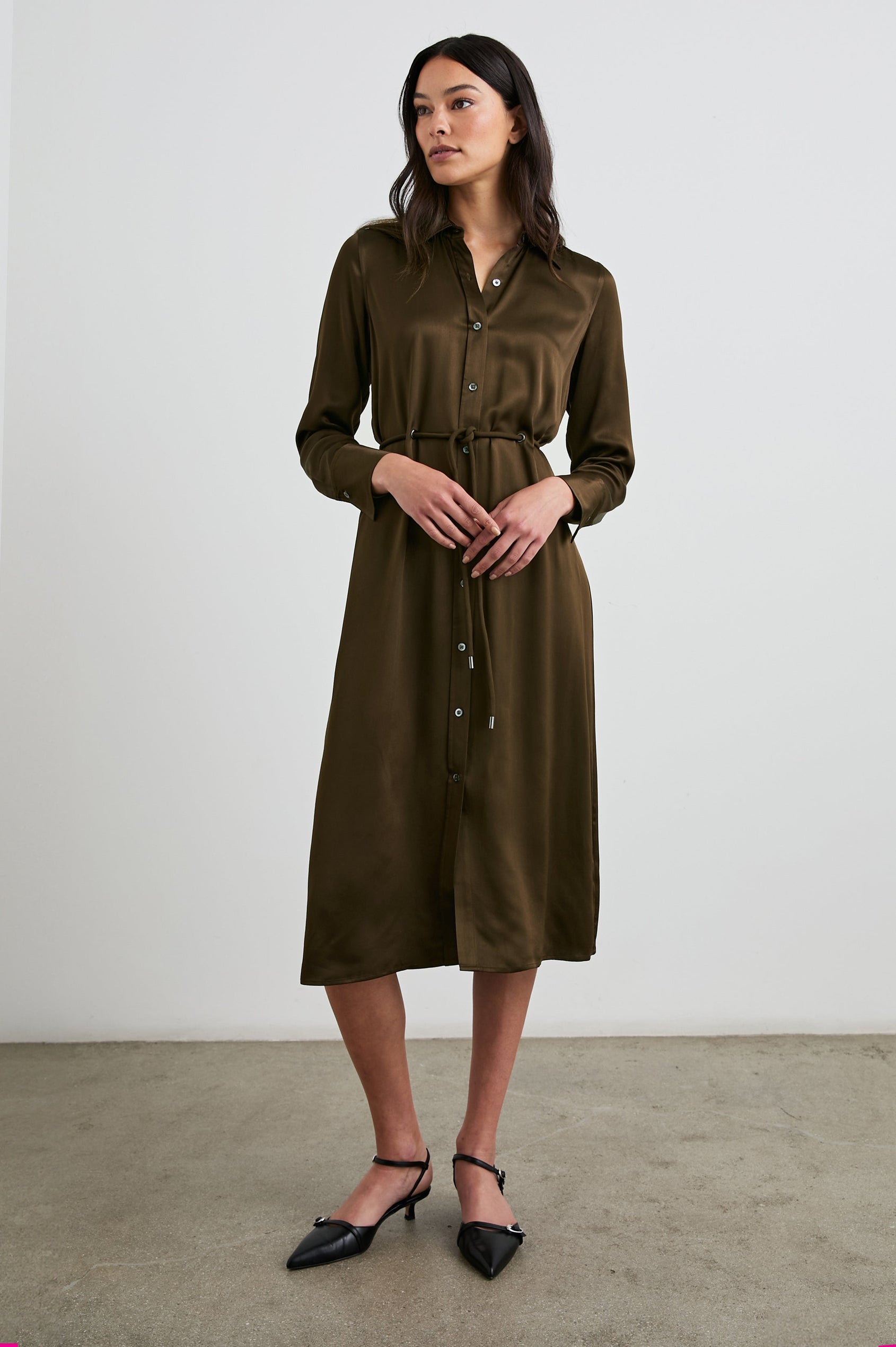 Anina Long-Sleeve Midi Dress with Buttons Down the Front, a Collar, Button Cuffs, and a Cord Belt in Dark Moss Colorway - Front Full Body View Featured on Model