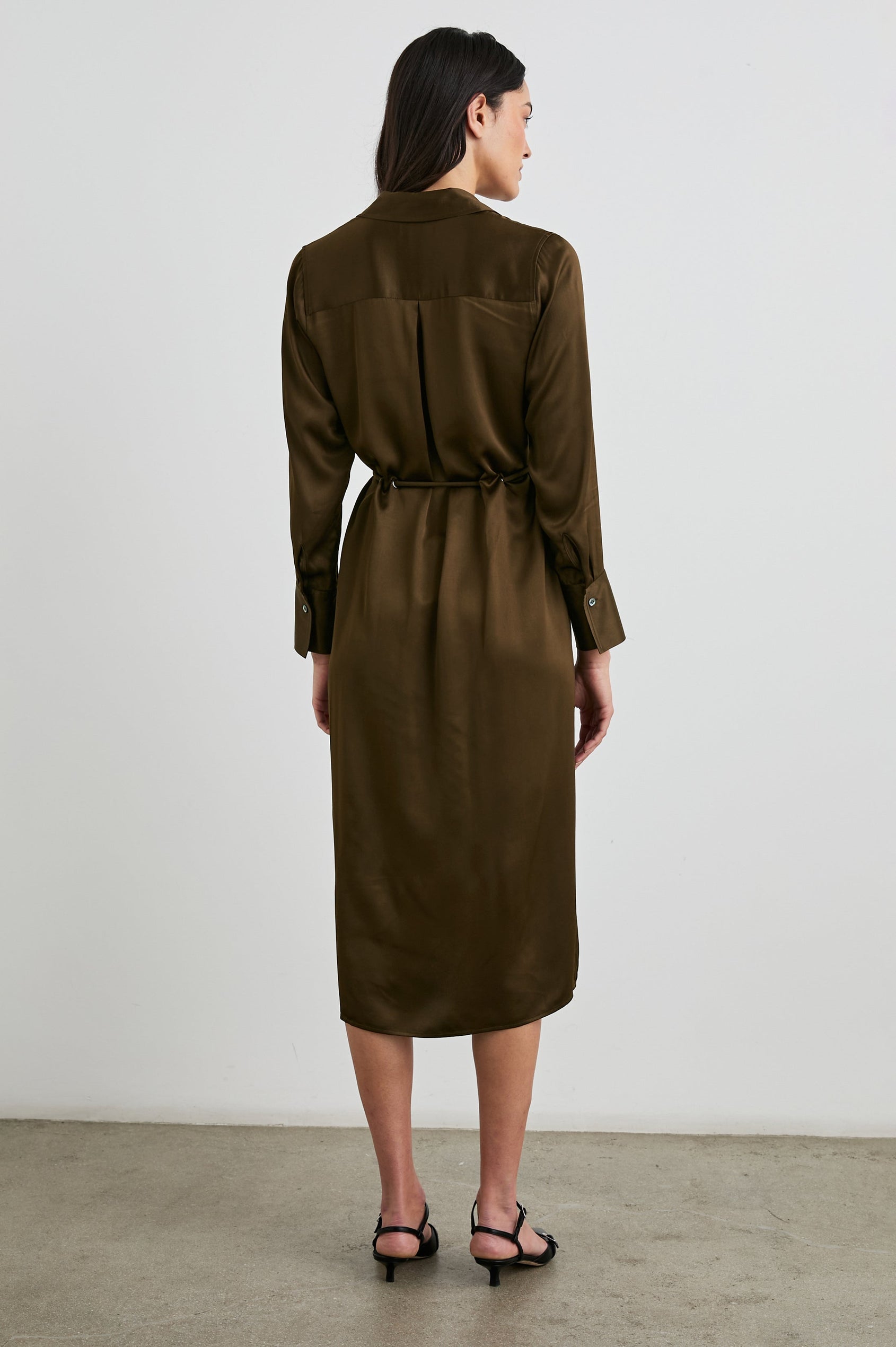 Anina Long-Sleeve Midi Dress with Buttons Down the Front, a Collar, Button Cuffs, and a Cord Belt in Dark Moss Colorway - Back Full Body View Featured on Model