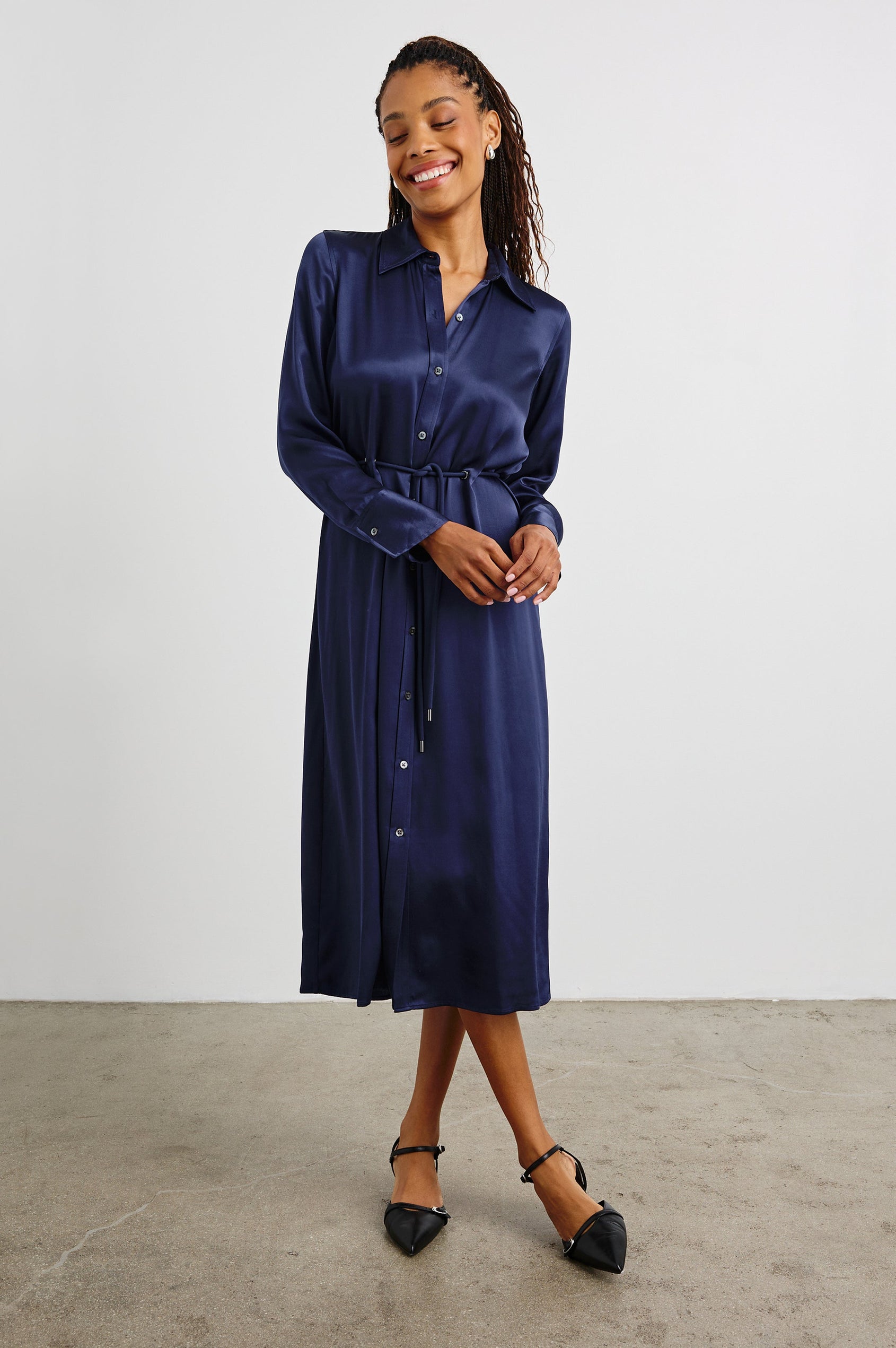 Anina Long-Sleeve Midi Dress with Buttons Down the Front, a Collar, Button Cuffs, and a Cord Belt in Navy Colorway - Front Full Body View Featured on Model