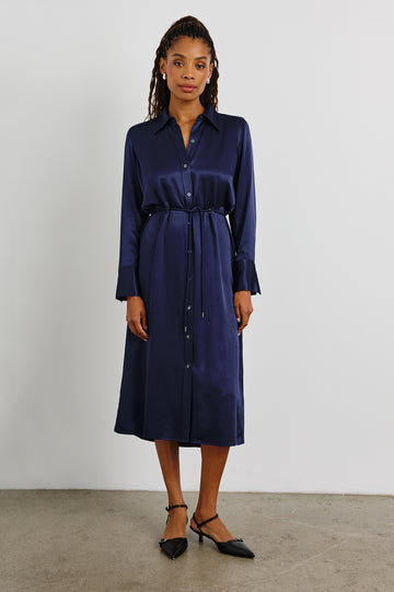Anina Long-Sleeve Midi Dress with Buttons Down the Front, a Collar, Button Cuffs, and a Cord Belt in Navy Colorway - Front Full Body View Featured on Model