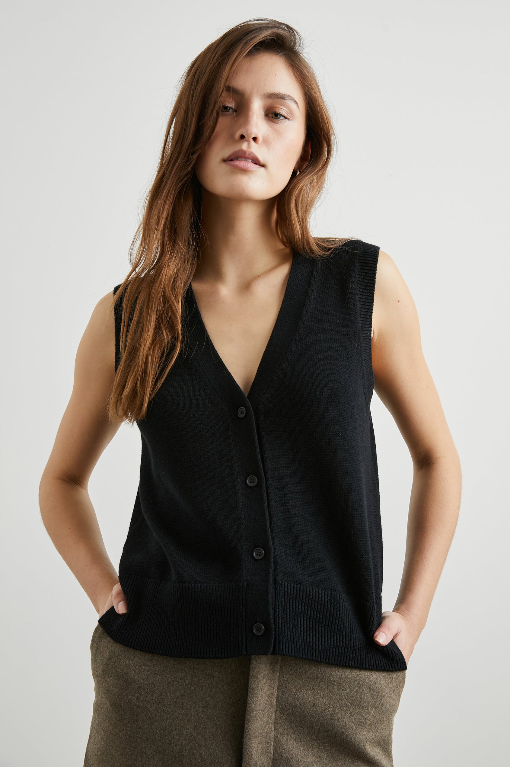 Annika Vest with a Deep V Neck and Button Closure in Jet Black Colorway - Front View Featured on Model 