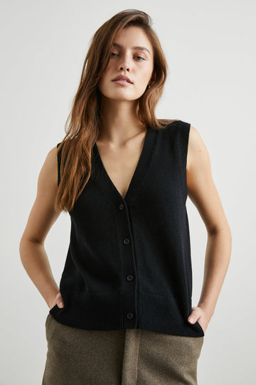 Annika Vest with a Deep V Neck and Button Closure in Jet Black Colorway - Front View Featured on Model 