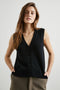 Annika Vest with a Deep V Neck and Button Closure in Jet Black Colorway - Front View Featured on Model 