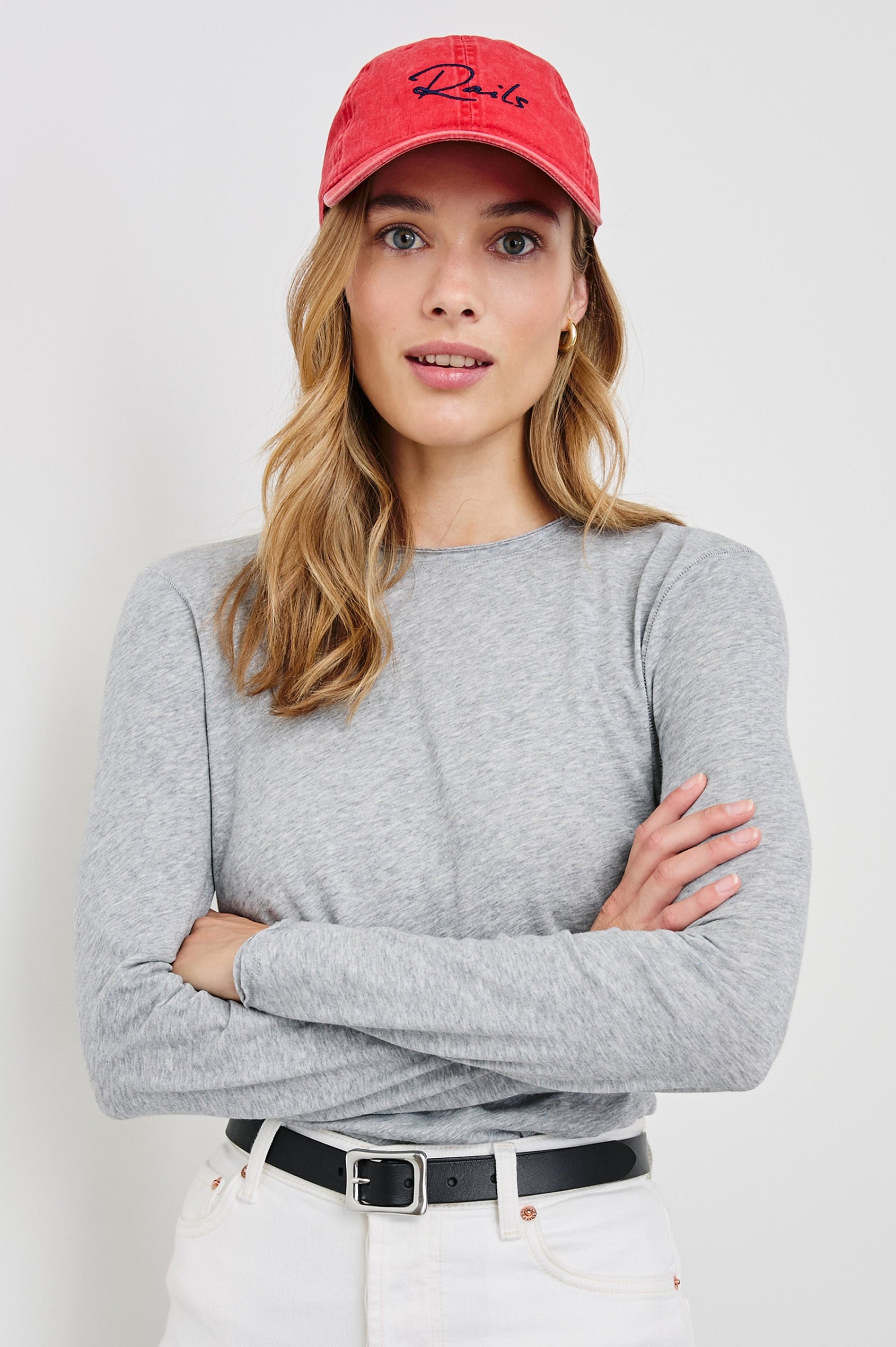 Anniversary Baseball Cap with an Adjustable Back Strap, Front Text, Rails, and Back Text, Est 2009, in Washed Red Colorway, with Blue Text - Front View Featured on Model