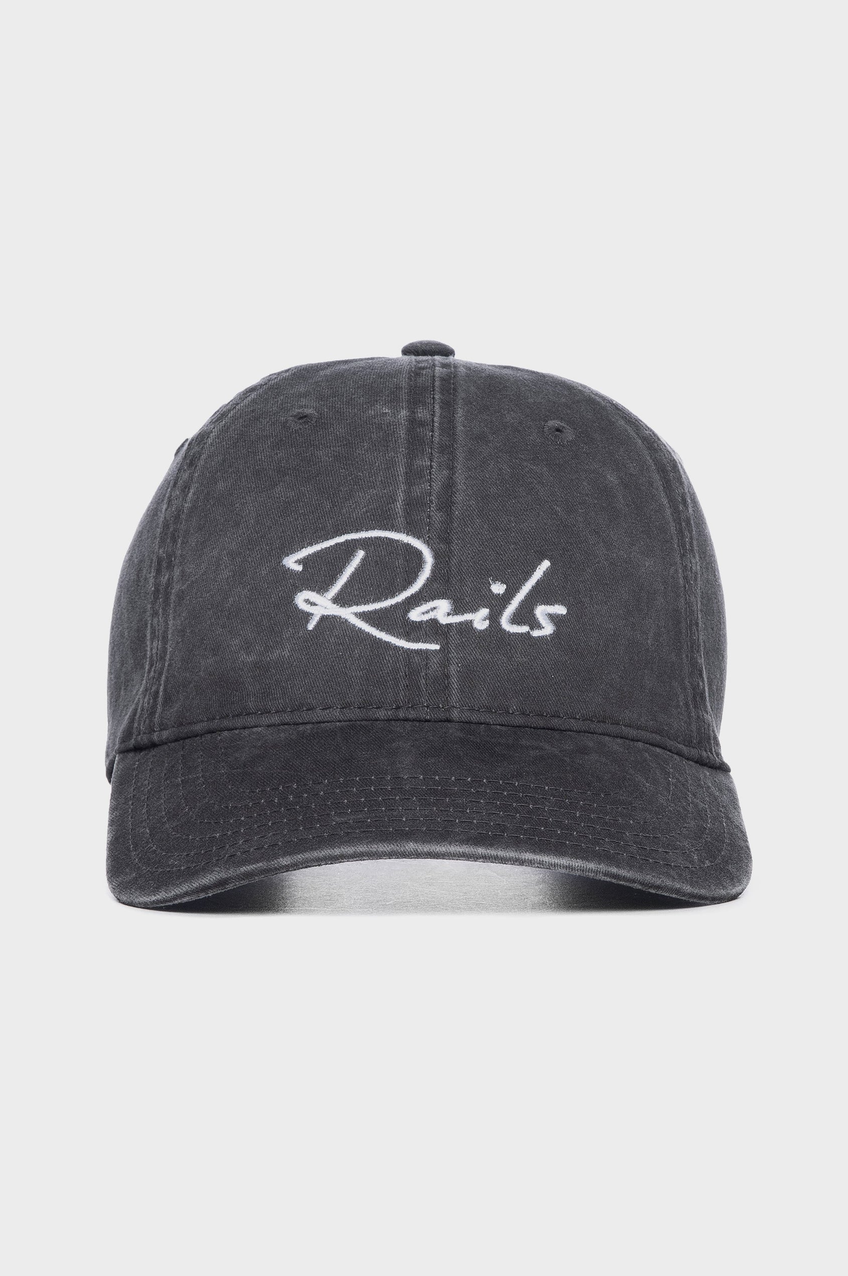 Anniversary Baseball Cap with an Adjustable Back Strap, Front Text, Rails, and Back Text, Est 2009, in Washed Black Colorway, with White Text - Front View