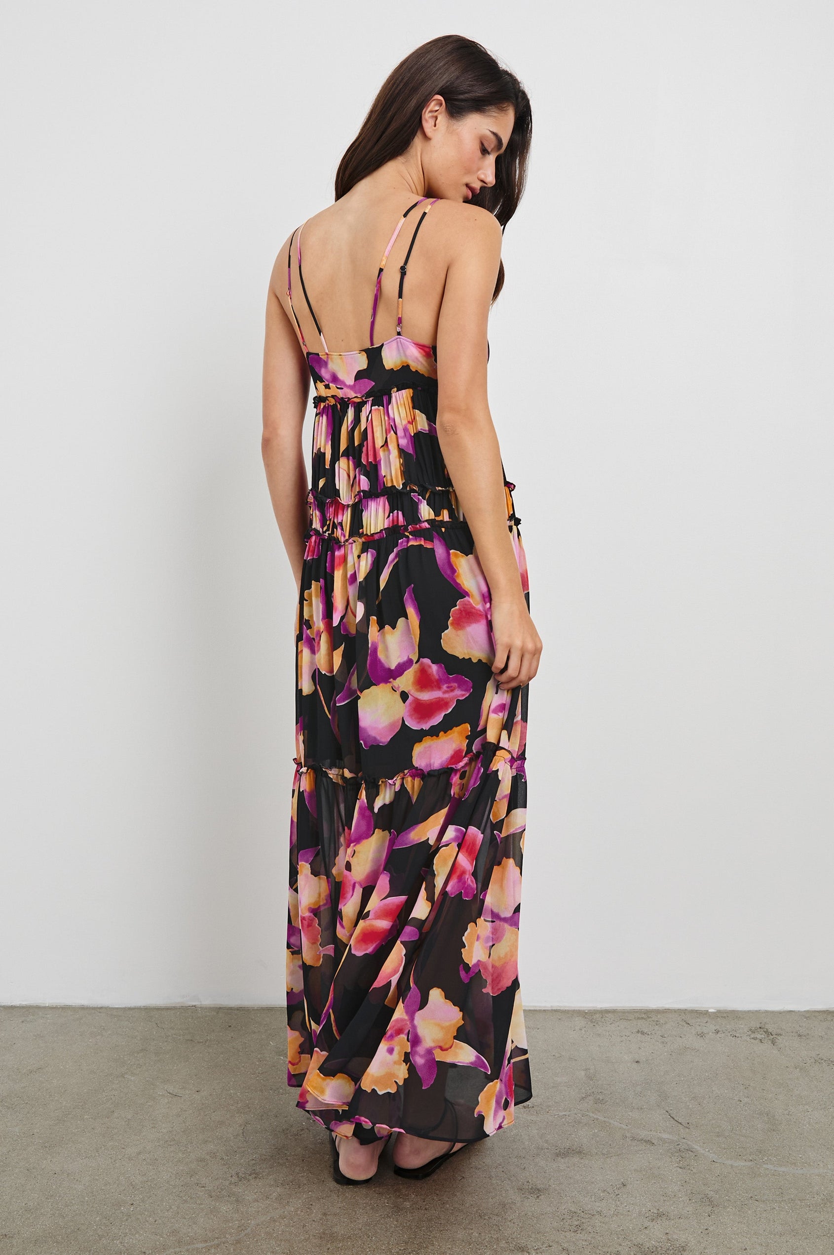 Antonella Maxi Tank Dress with Double Spaghetti Straps, V-Neck, Keyhole at Center Front, A-Line Tiered Skirt in Dusk Orchid Colorway, Full Body Back View Shown on Model.