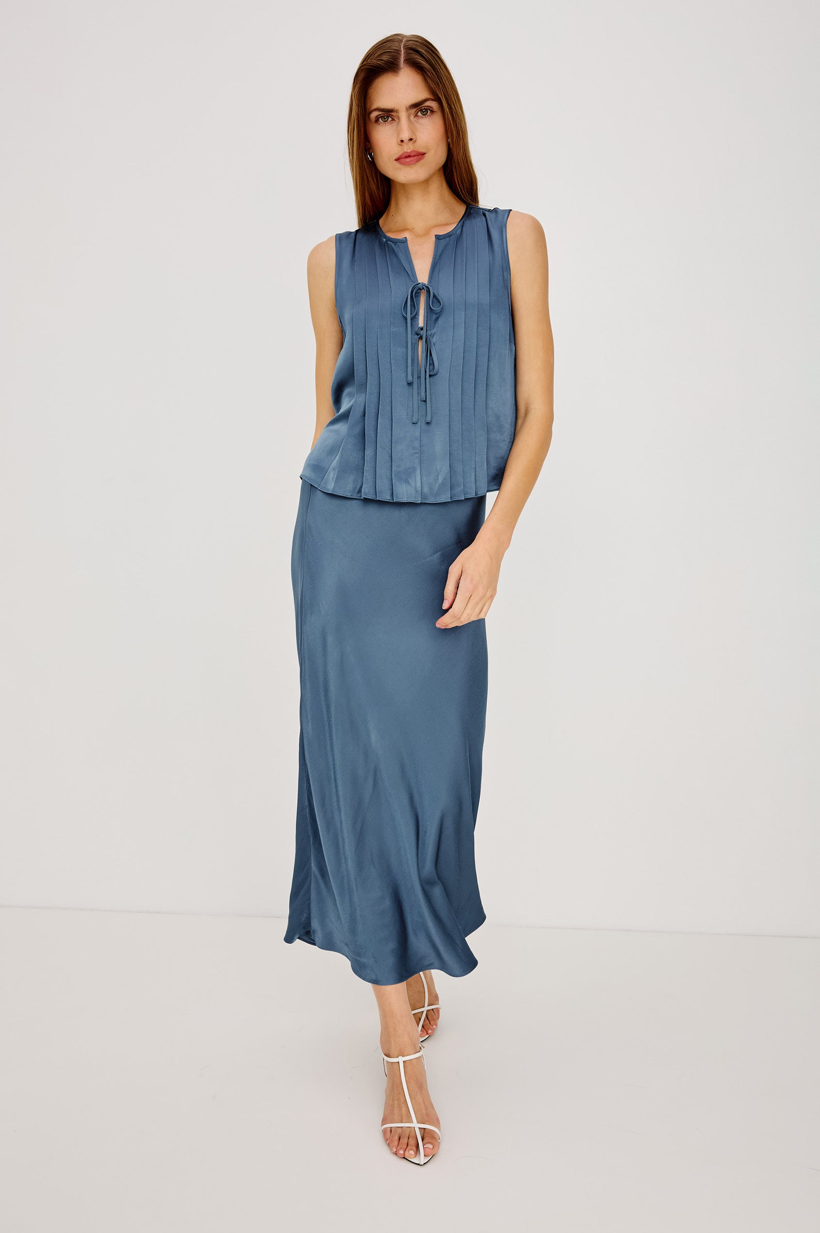 Anya Midi Skirt in Satin-Back Crepe, High-Rise Elastic Waistband, Pull-On FIt in Atlantic Colorway - Full Body Front View Featured on Model