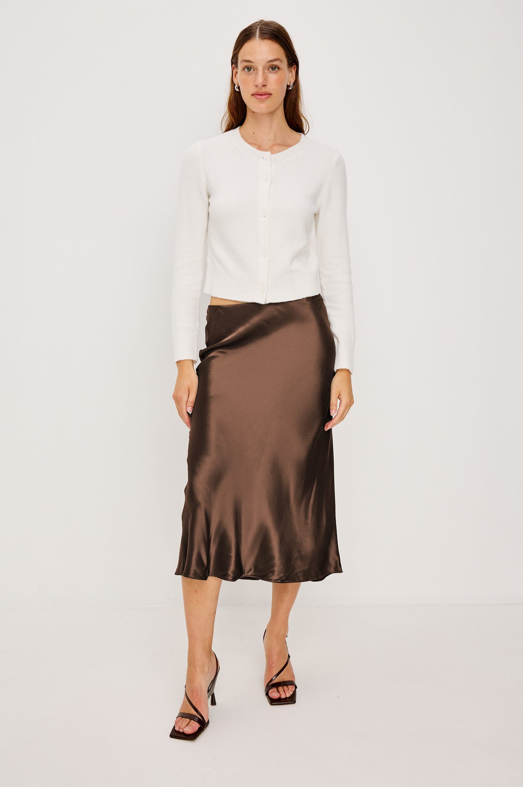 Anya High-waisted Midi Skirt in Espresso Brown Colorway - Full Body Front View Featured on Model