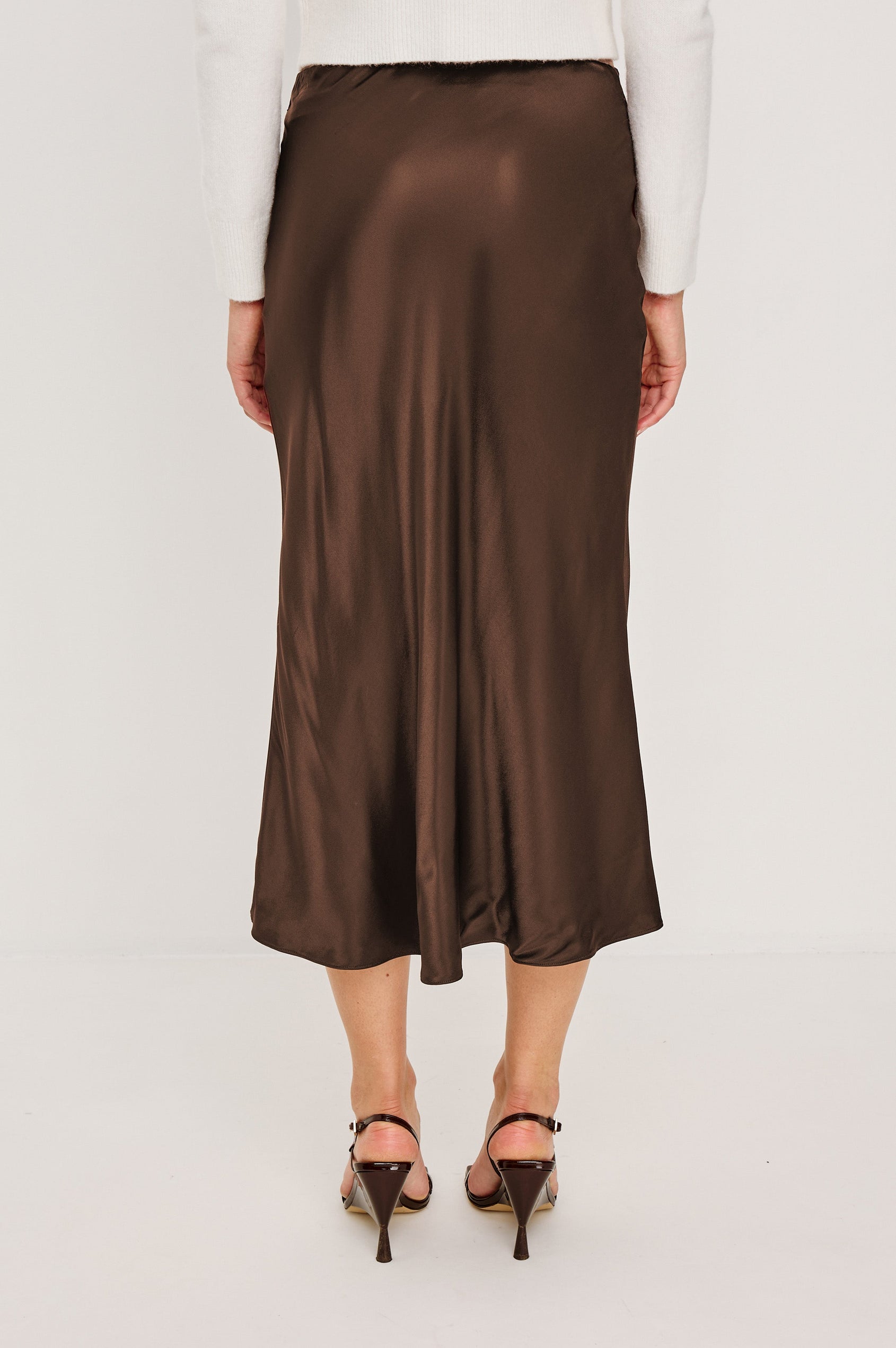 Anya High-waisted Midi Skirt in Espresso Brown Colorway - Back View Featured on Model