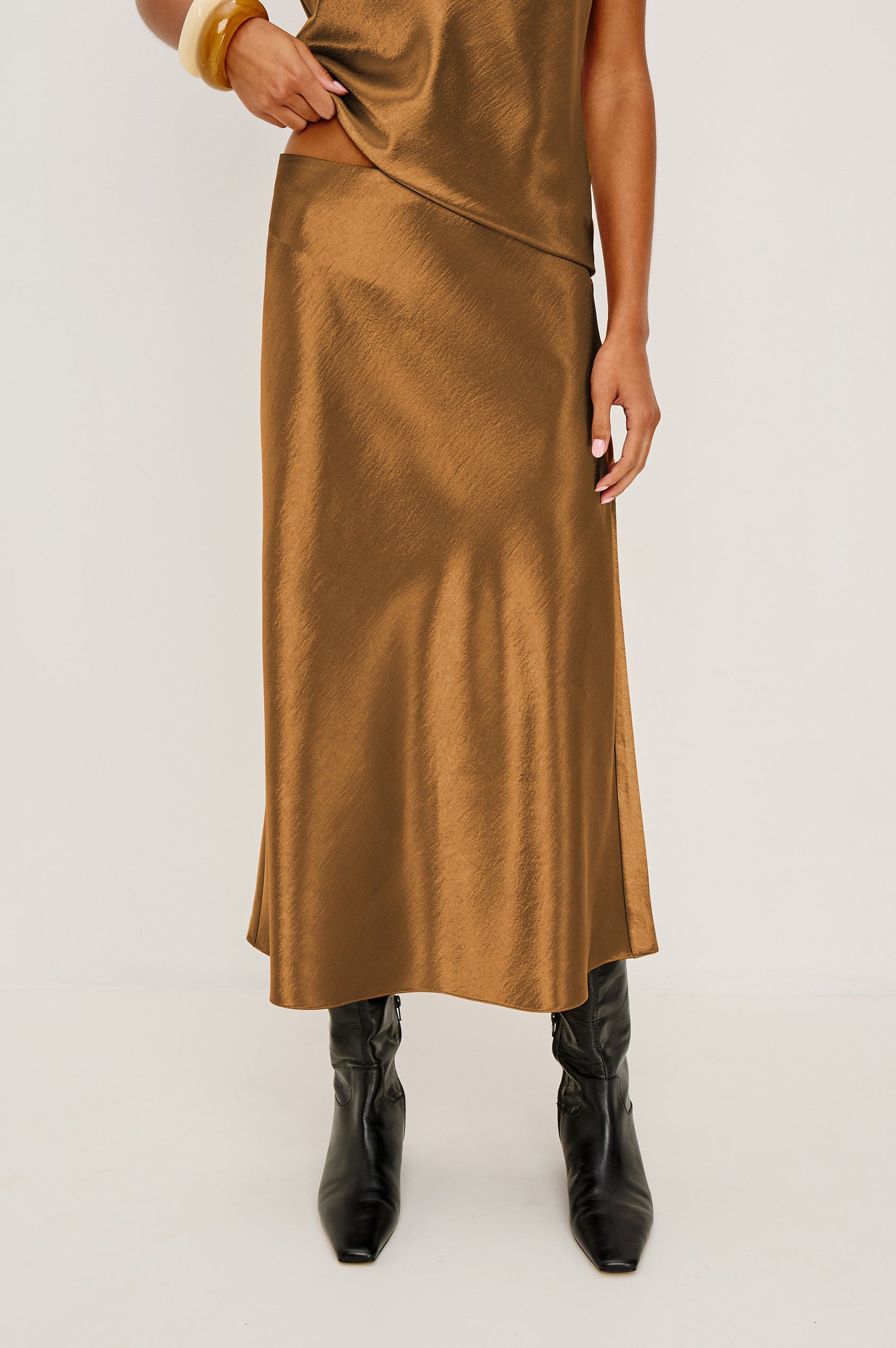 Anya High-Waisted Midi Skirt in Satin Crepe With Side Slit in Ginger Colorway - Full Body Front View Featured on Model