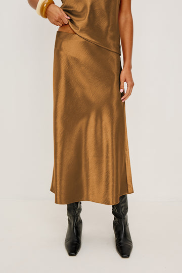 Anya High-Waisted Midi Skirt in Satin Crepe With Side Slit in Ginger Colorway - Full Body Front View Featured on Model
