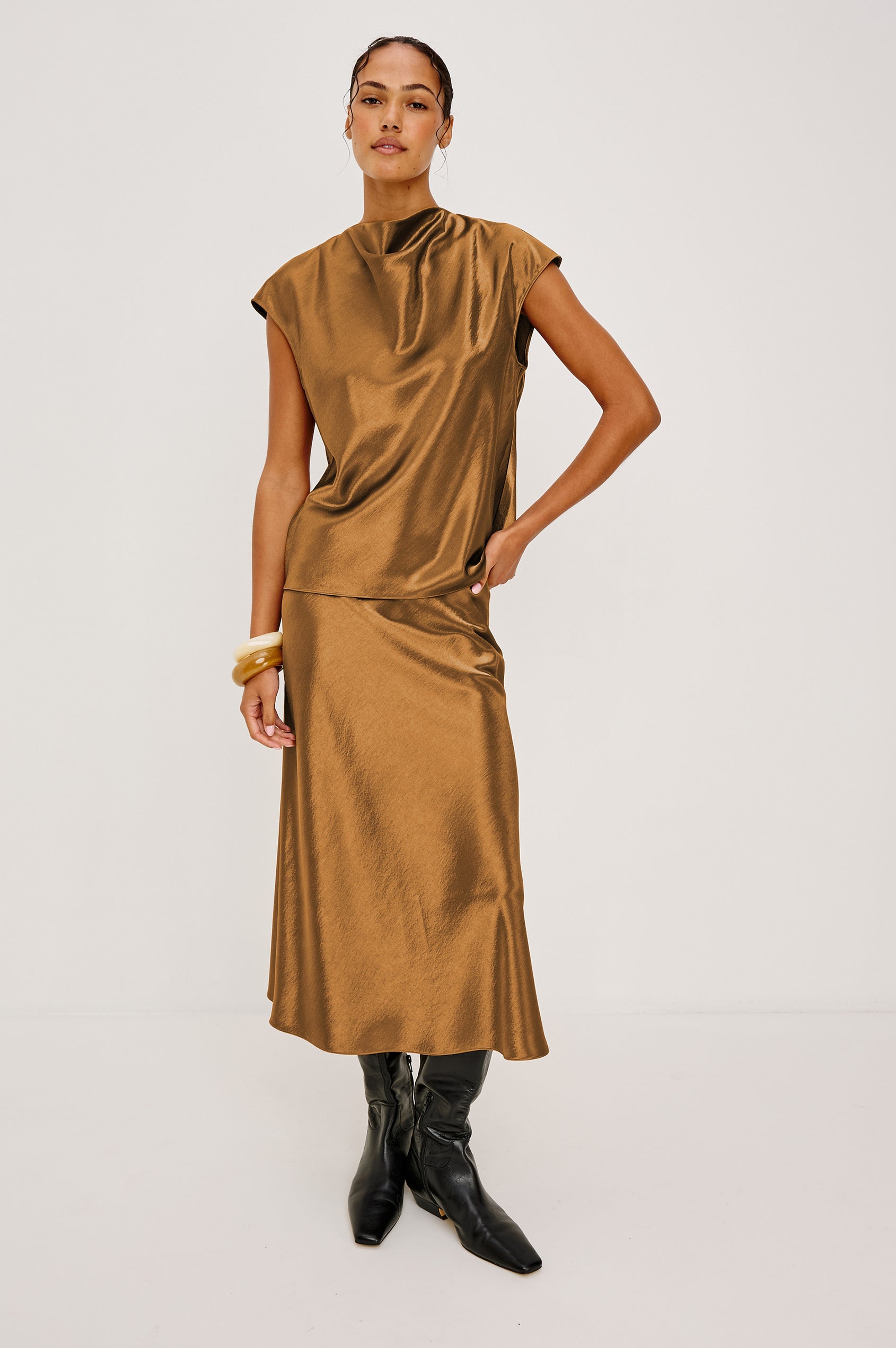 Anya High-Waisted Midi Skirt in Satin Crepe With Side Slit in Ginger Colorway - Full Body Front View Featured on Model