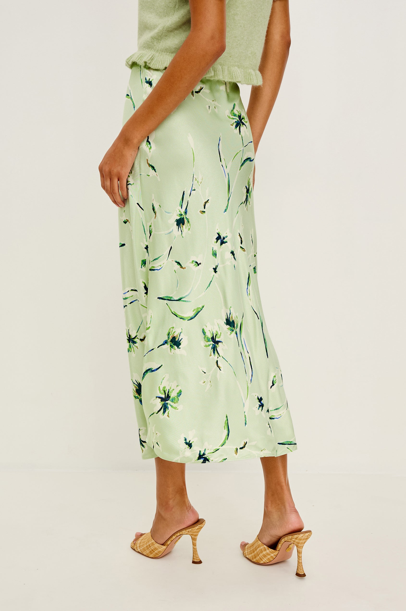 Anya High-Waisted Midi Skirt in Satin Crepe With Side Slit in Mint Linnea Colorway - Lower Body Back View Featured on Model