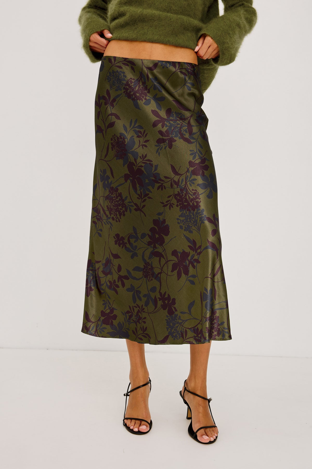 Anya Midi Skirt in Satin-Back Crepe, High-Rise Elastic Waistband, Pull-On FIt in Olive Dahlia ColorwayFront View Featured on Model.
