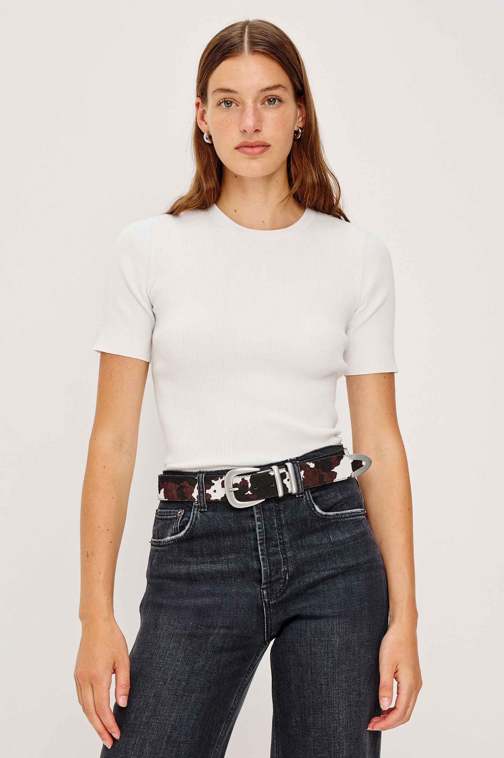 Ari Short-Sleeve Ribbed Top with a Crew Neck in White Colorway - Front View Featured on Model, Tucked In