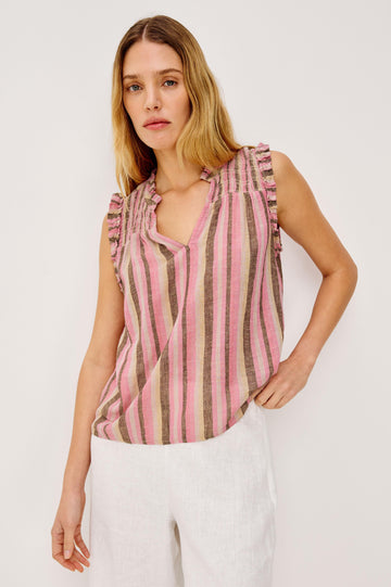 Arlene Sleeveless Top in Luxe Linen With V-Neckline, Pleated Collar, and Smocked Bodice in Cordoba Stripe Colorway - Upper Boy Front View Featured on Model