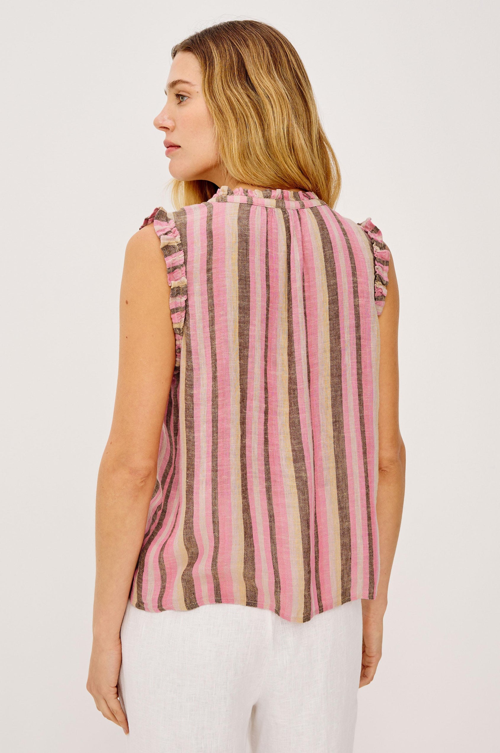 Arlene Sleeveless Top in Luxe Linen With V-Neckline, Pleated Collar, and Smocked Bodice in Cordoba Stripe Colorway - Upper Body Back View Featured on Model