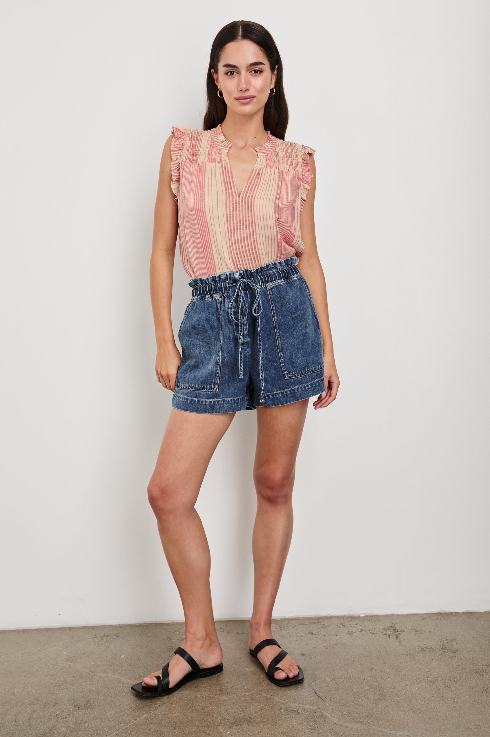 Arlene Top with Short Flutter Cap Sleeves, A V-Neckline and Shirring Along the Top Front in Salerno Stripe Colorway, Vertical Stripes in Sand and Salmon - Front Tucked Full Body View Featured on Model