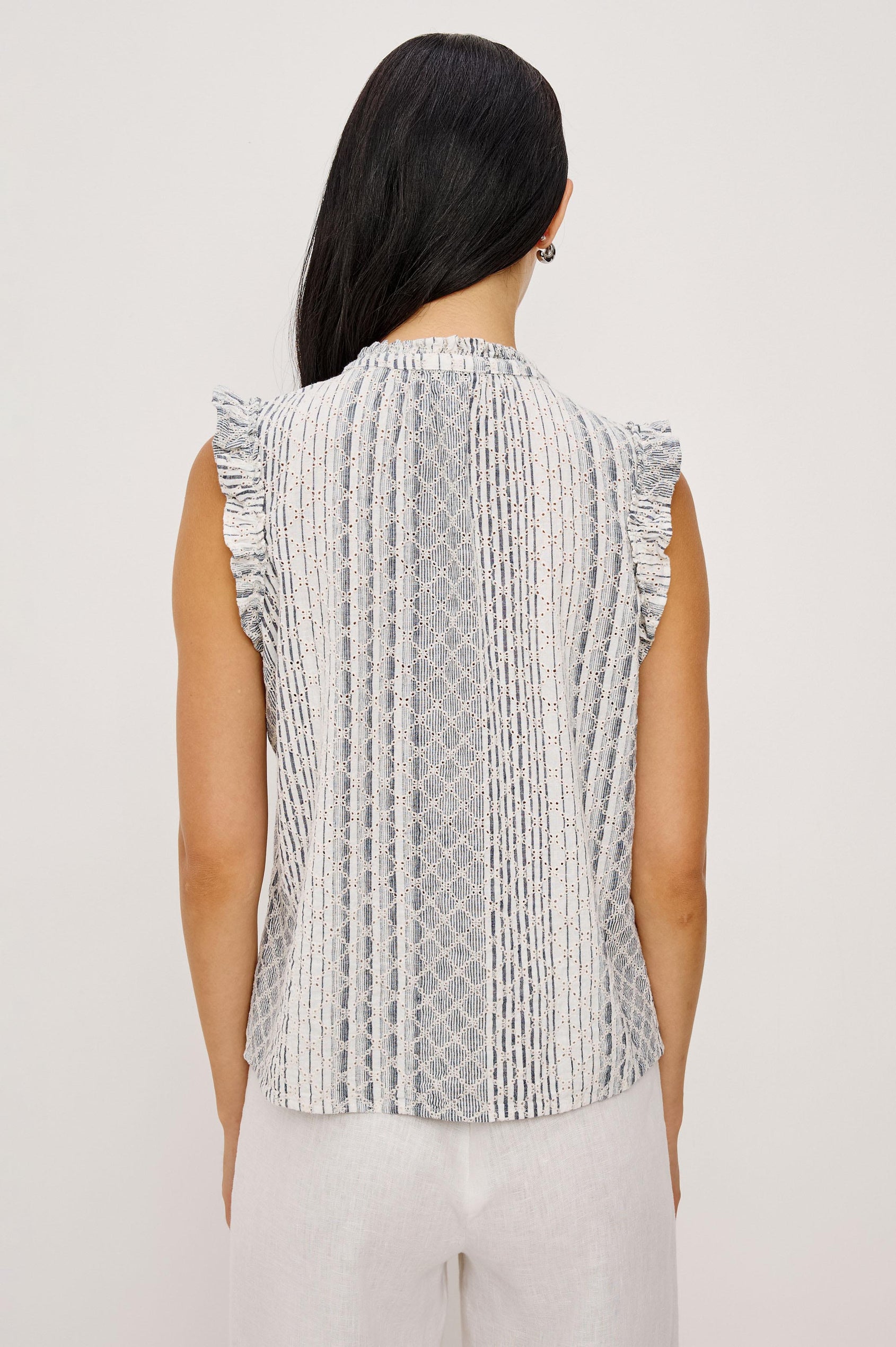 Arlene Sleeveless Top in Luxe Linen With V-Neckline, Pleated Collar, and Smocked Bodice in Striped Eyelet Colorway - Upper Body Back View Featured on Model