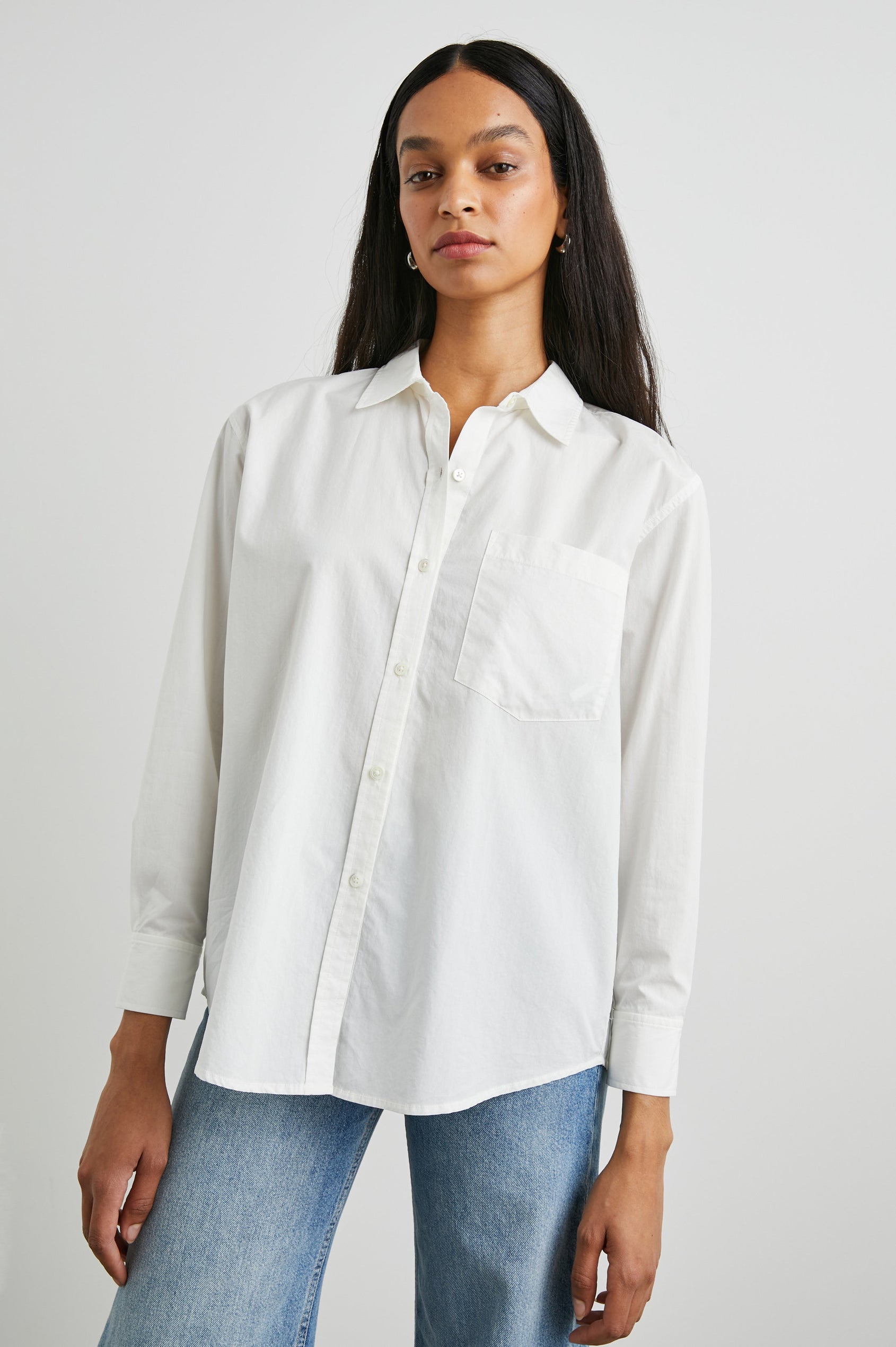 Arlo Long Sleeve Button Up with Chest Patch Pocket in White Colorway - Front View Featured on Model