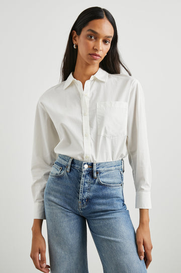 Arlo Long Sleeve Button Up with Chest Patch Pocket in White Colorway - Front Tucked View Featured on Model