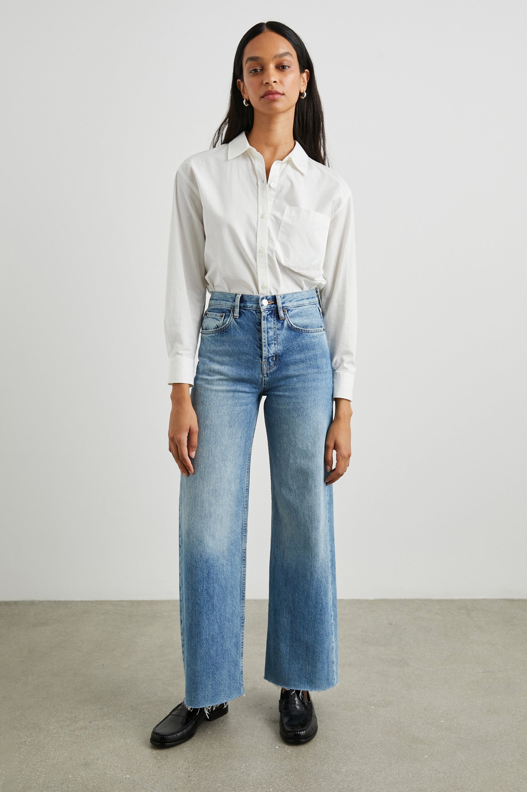 Arlo Long Sleeve Button Up with Chest Patch Pocket in White Colorway - Front Tucked Full Body View Featured on Model