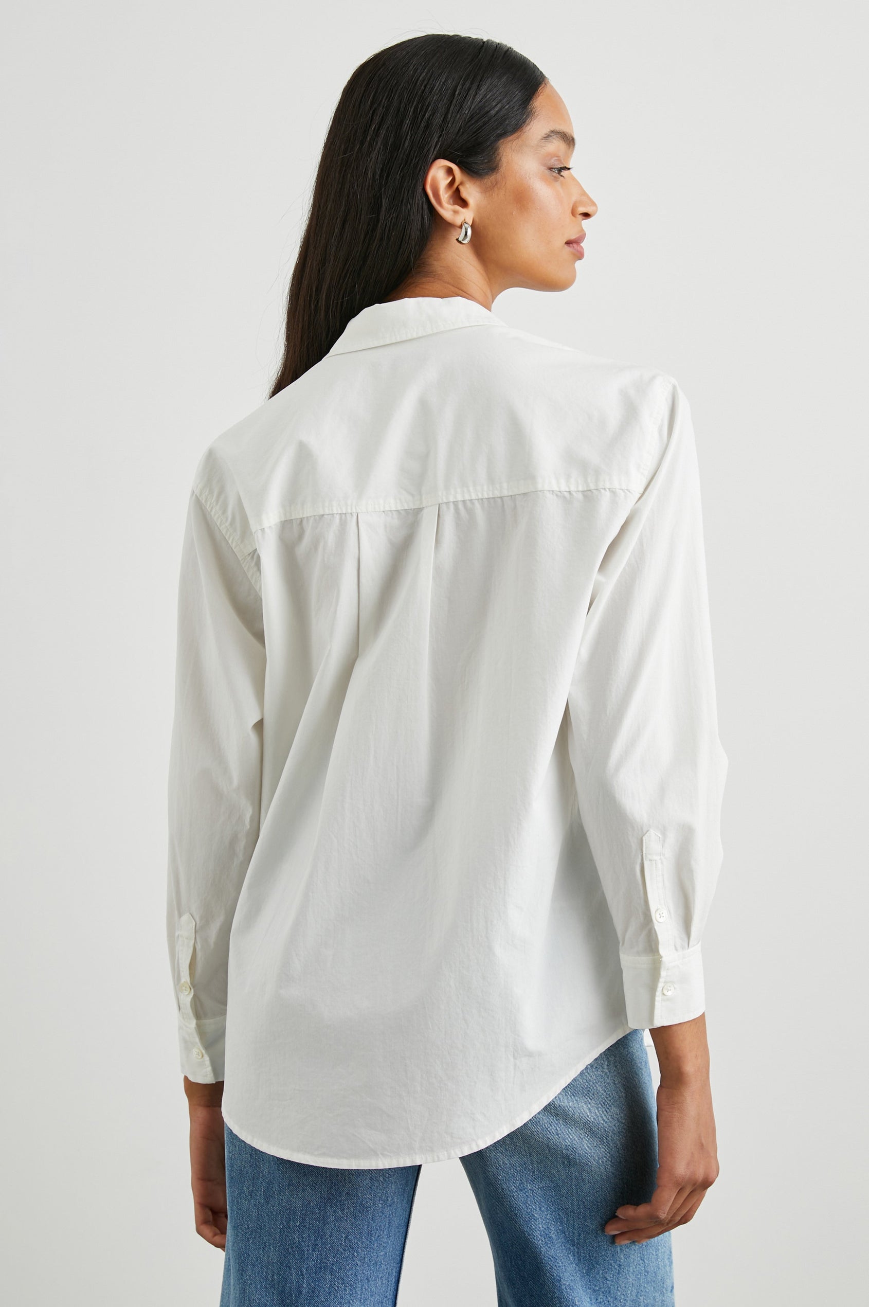 Arlo Long Sleeve Button Up with Chest Patch Pocket in White Colorway - Back View Featured on Model