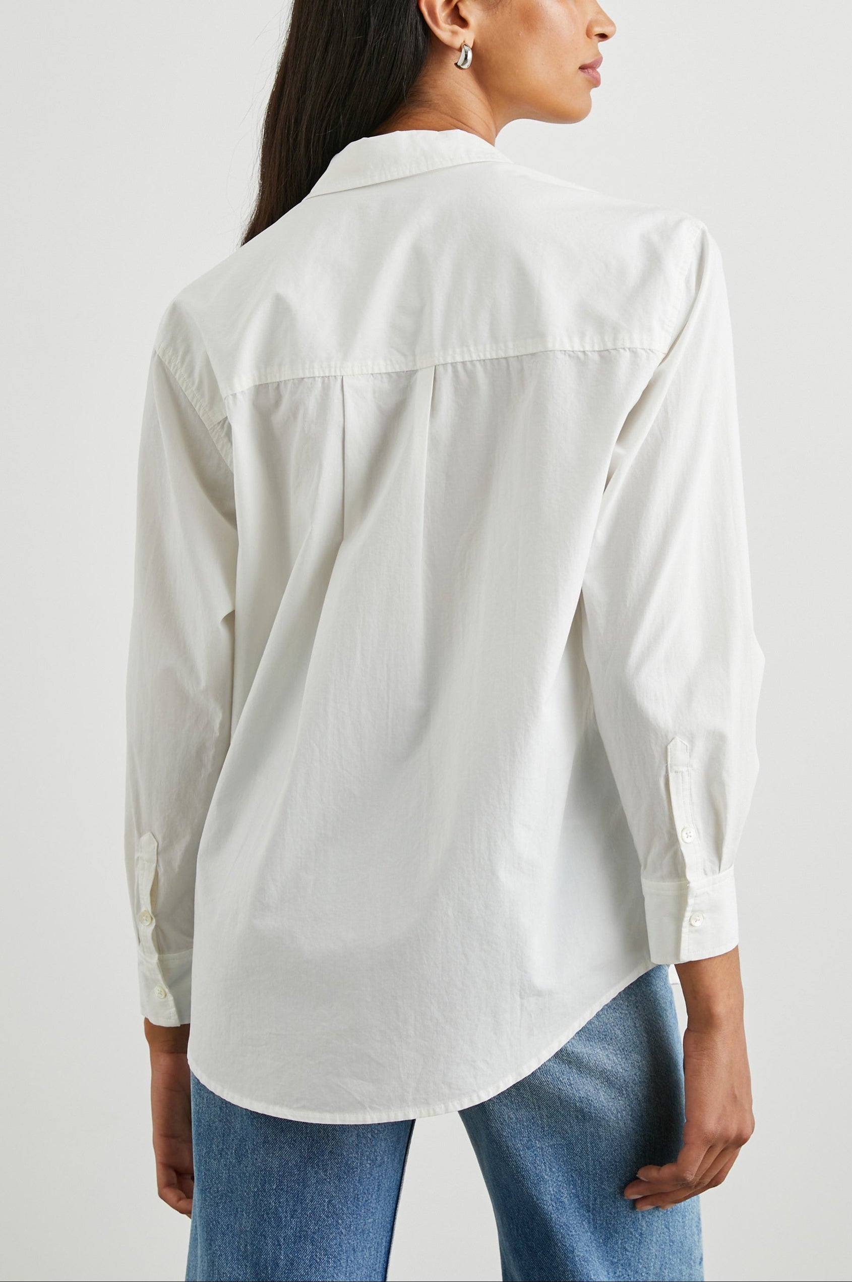 Arlo Long Sleeve Button Up with Chest Patch Pocket in White Colorway - Back View Featured on Model