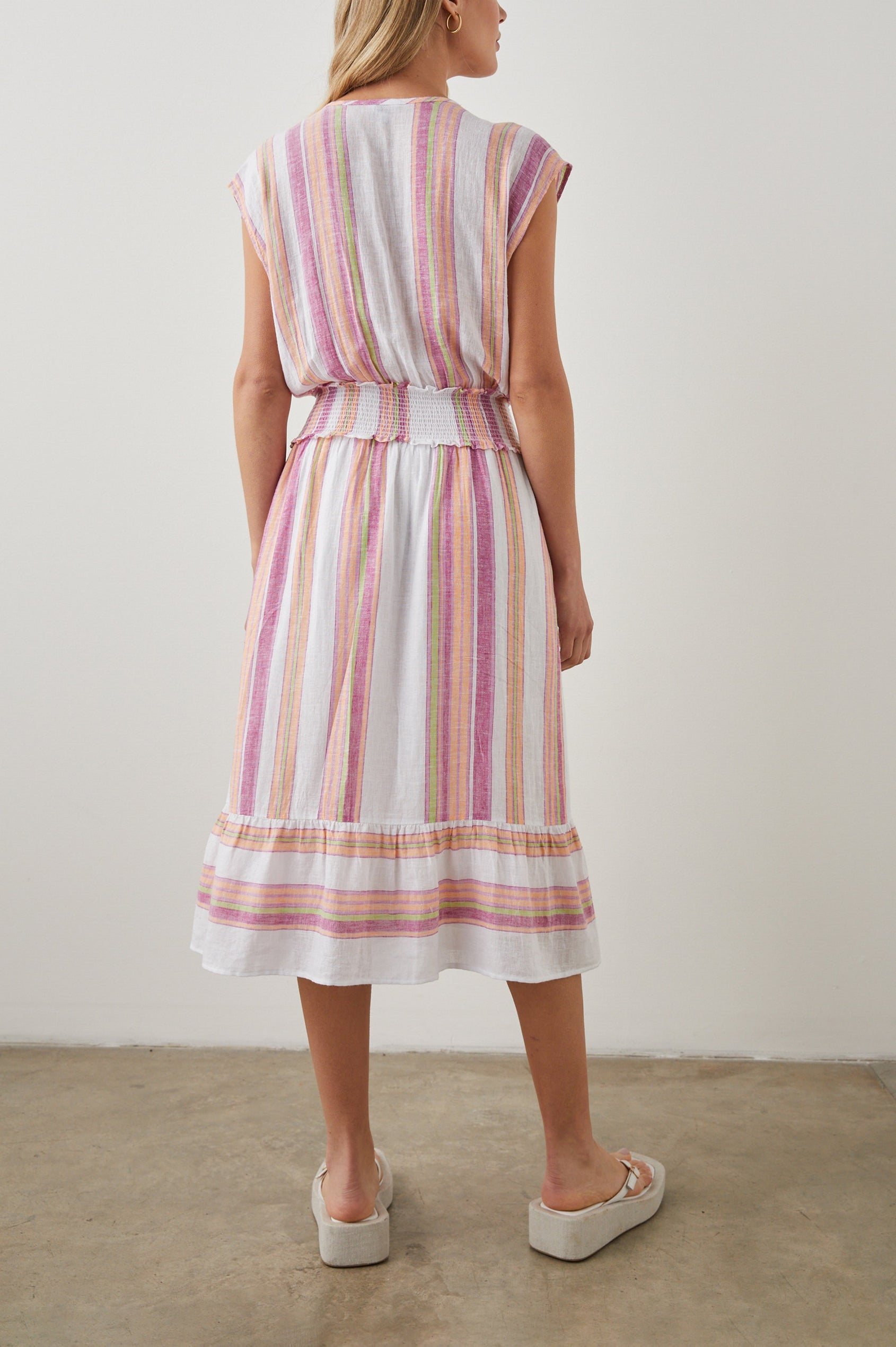 Ashlyn Short Sleeve Midi Dress with a V neck with Ties, a Smocked Waist and a Ruffle Tier at the Hem in Hibiscus Stripe Colorway, Vertical Stripes in Pink, Green and Peach on White - Back Full Body View Featured on Model
