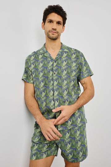 Atlas Collared Button Front Shirt with Short Sleeves in Slate Seaweed Colorway. Front View Shown on Model.