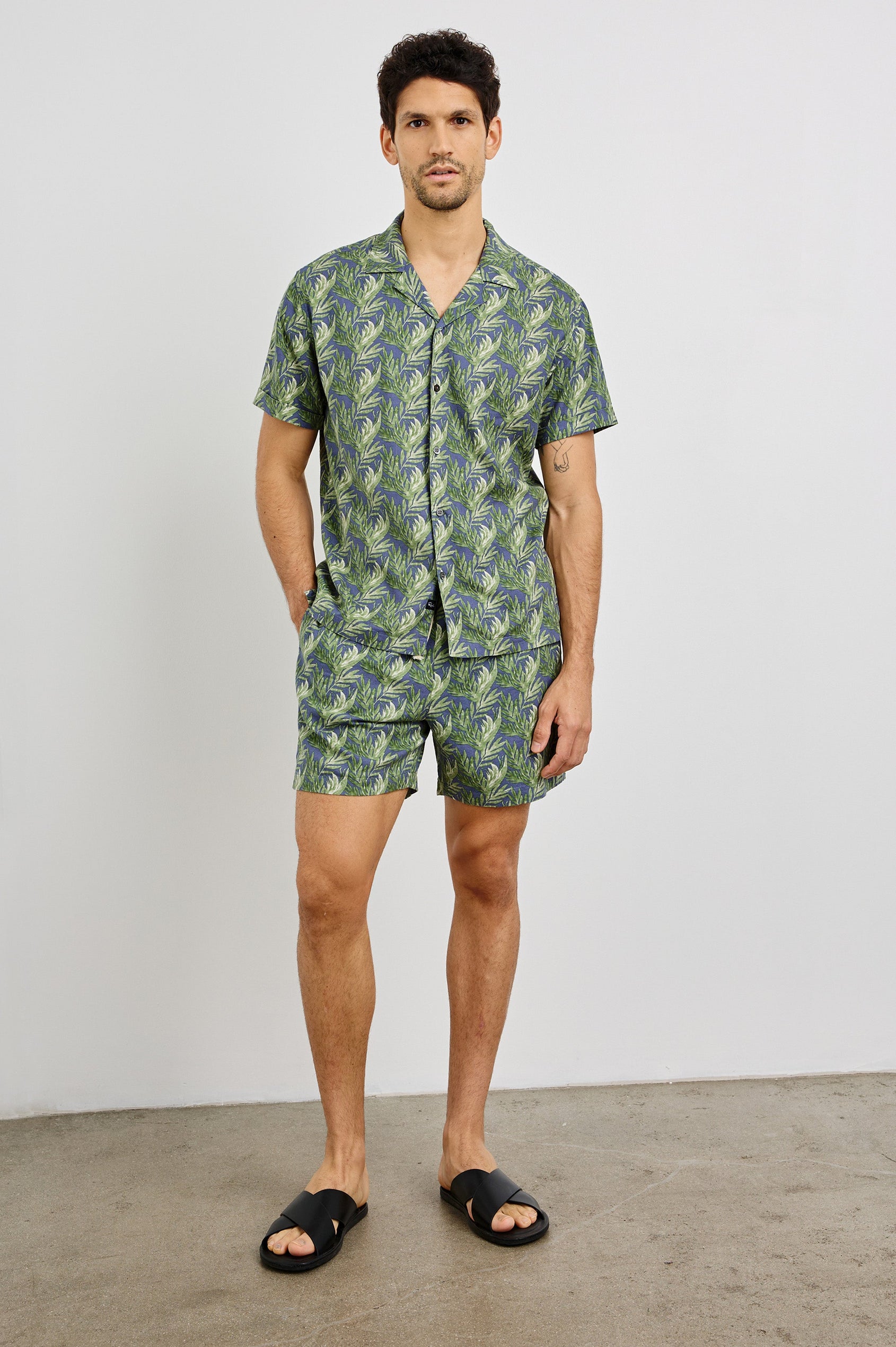 Atlas Collared Button Front Shirt with Short Sleeves in Slate Seaweed Colorway. Front View Shown on Model.