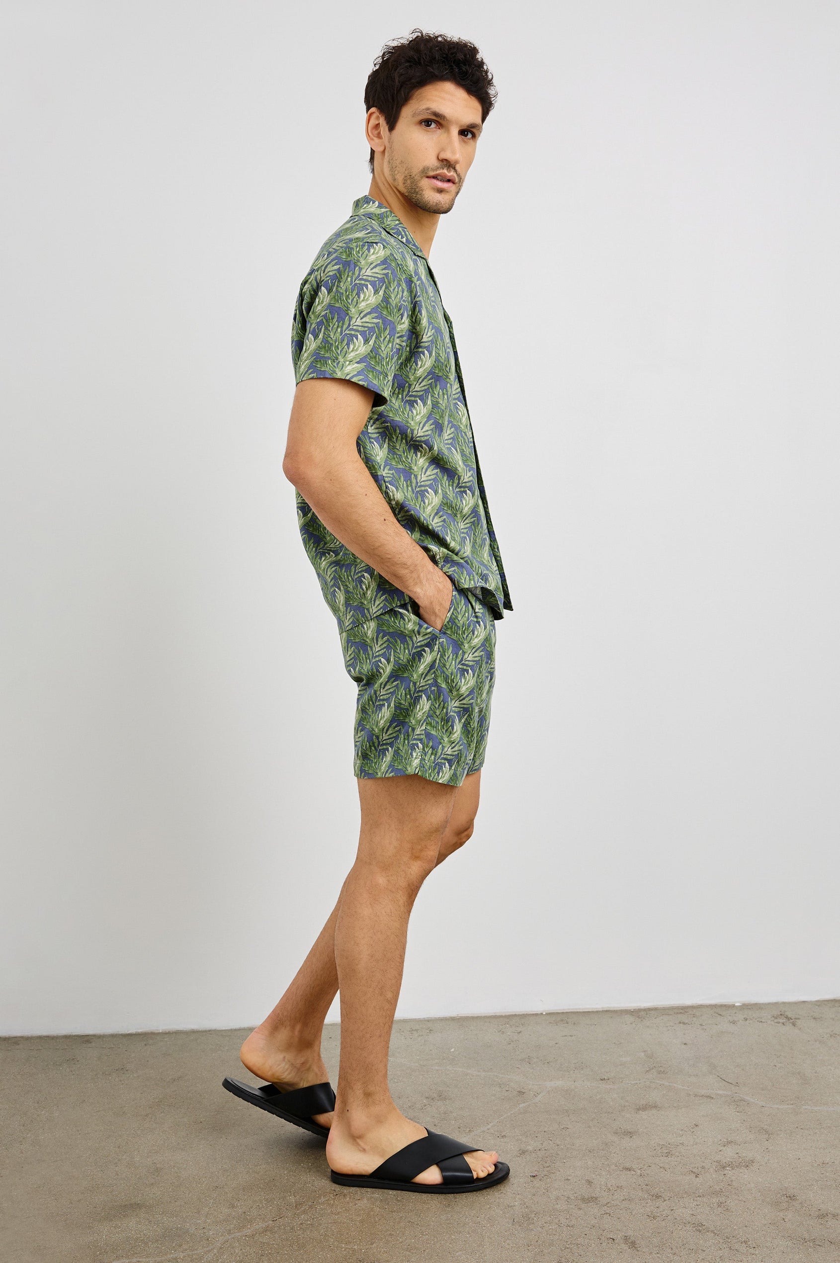 Atlas Collared Button Front Shirt with Short Sleeves in Slate Seaweed Colorway. Side View Shown on Model.